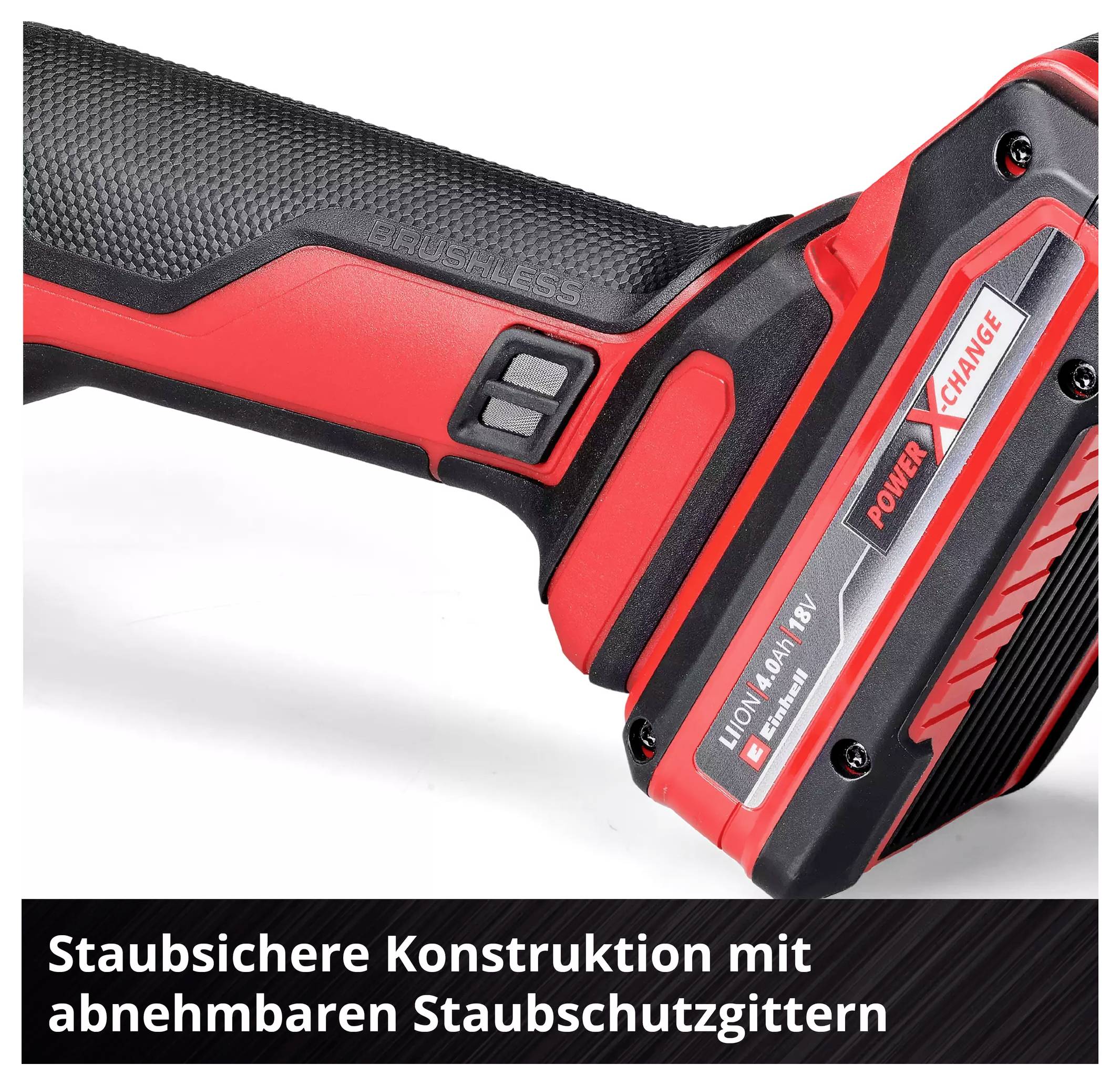Ein roter und schwarzer Griff eines Elektrowerkzeugs mit der Aufschrift 'POWER X CHANGE' und 'Staubsichere Konstruktion mit abnehmbaren Staubschutzgittern'.