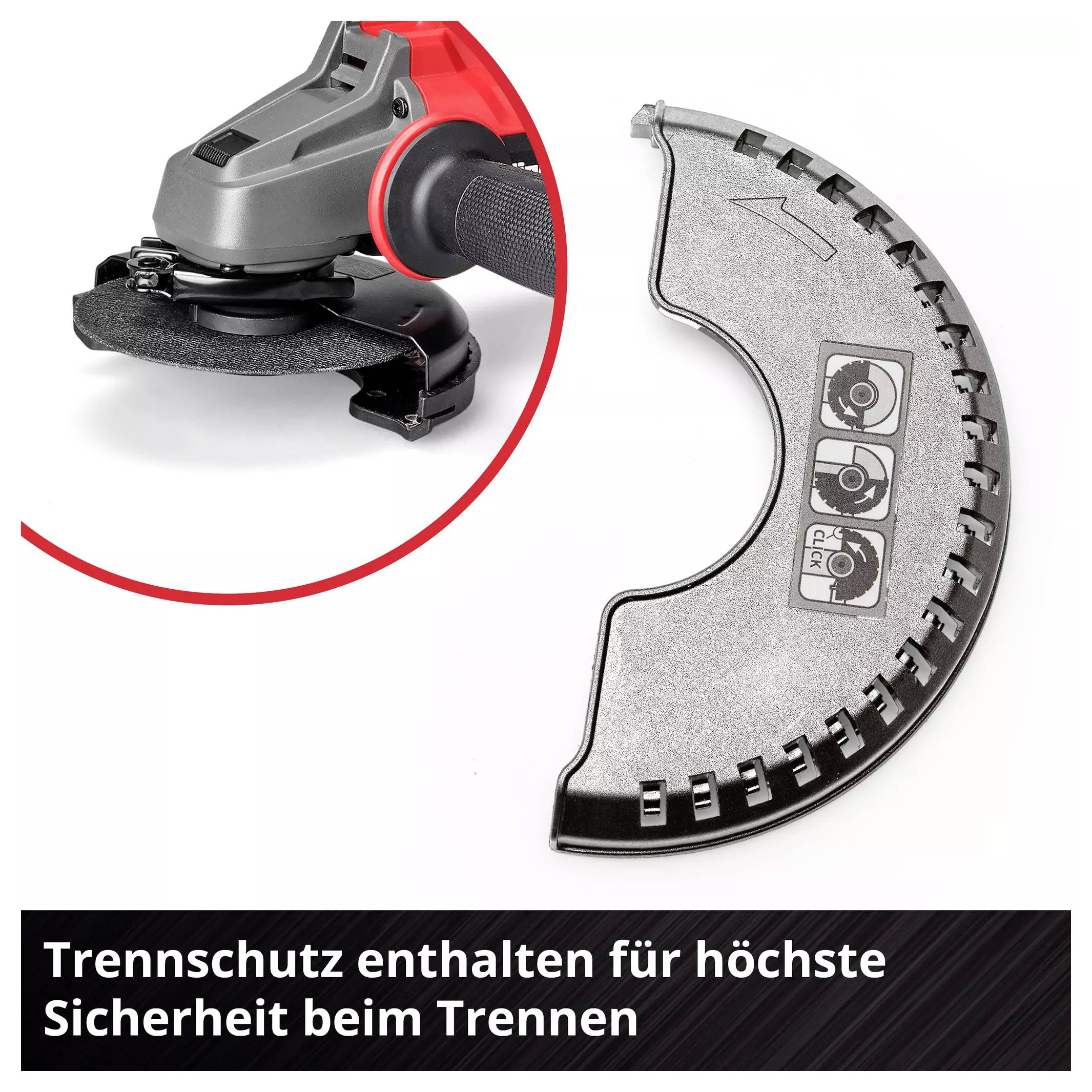 Ein Winkelschleifer mit montiertem Trennschutz, daneben liegt der abnehmbare Schutz separat. Text: 'Trennschutz enthalten für höchste Sicherheit beim Trennen'.