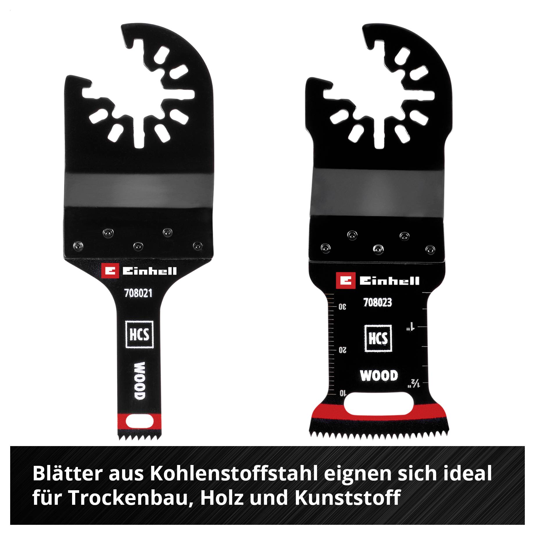 Zwei Einhell Sägeblätter, geeignet für Holz. Text darunter: 'Blätter aus Kohlenstoffstahl eignen sich ideal für Trockenbau, Holz und Kunststoff'.