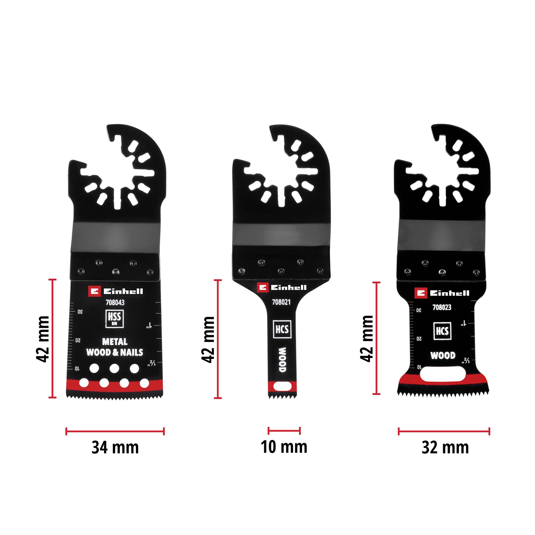 Drei Einhell Mehrzweck-Sägeblätter in verschiedenen Größen und Formen für Metall, Holz und Nägel. Maße: 34x42 mm, 10x42 mm, 32x42 mm.