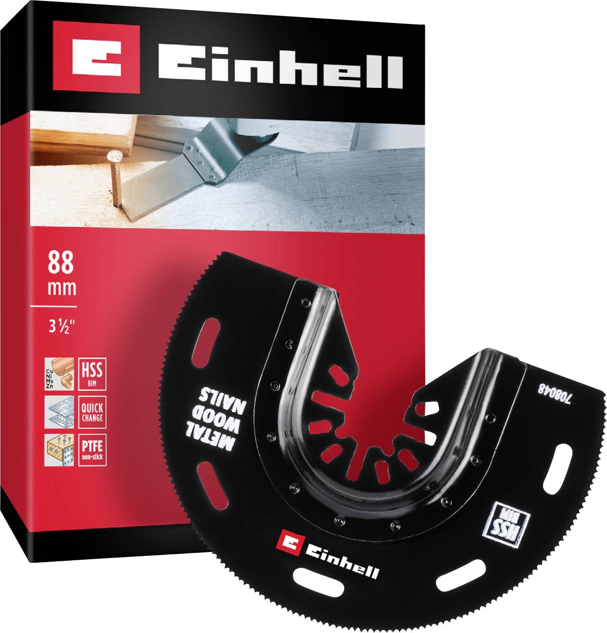 Einhell Multitool-Sägeblatt, 88 mm, eignet sich für Metall, Holz, und Nägel. Lieferung in roter Verpackung mit Produkthighlights.