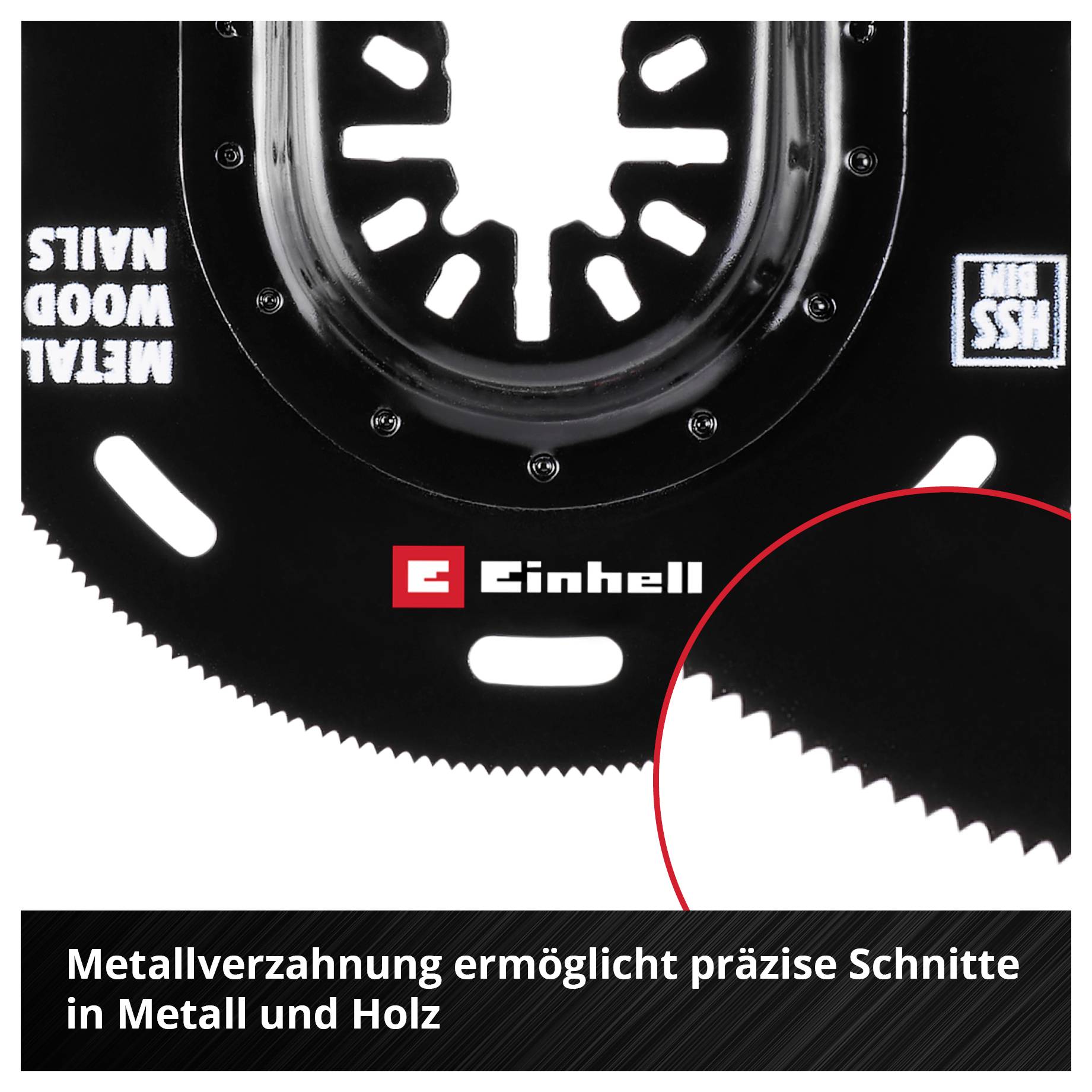 Metallverzahnung des Einhell Sägeblatts für präzise Schnitte in Metall und Holz, mit Nahaufnahme der Zahnung unten rechts.