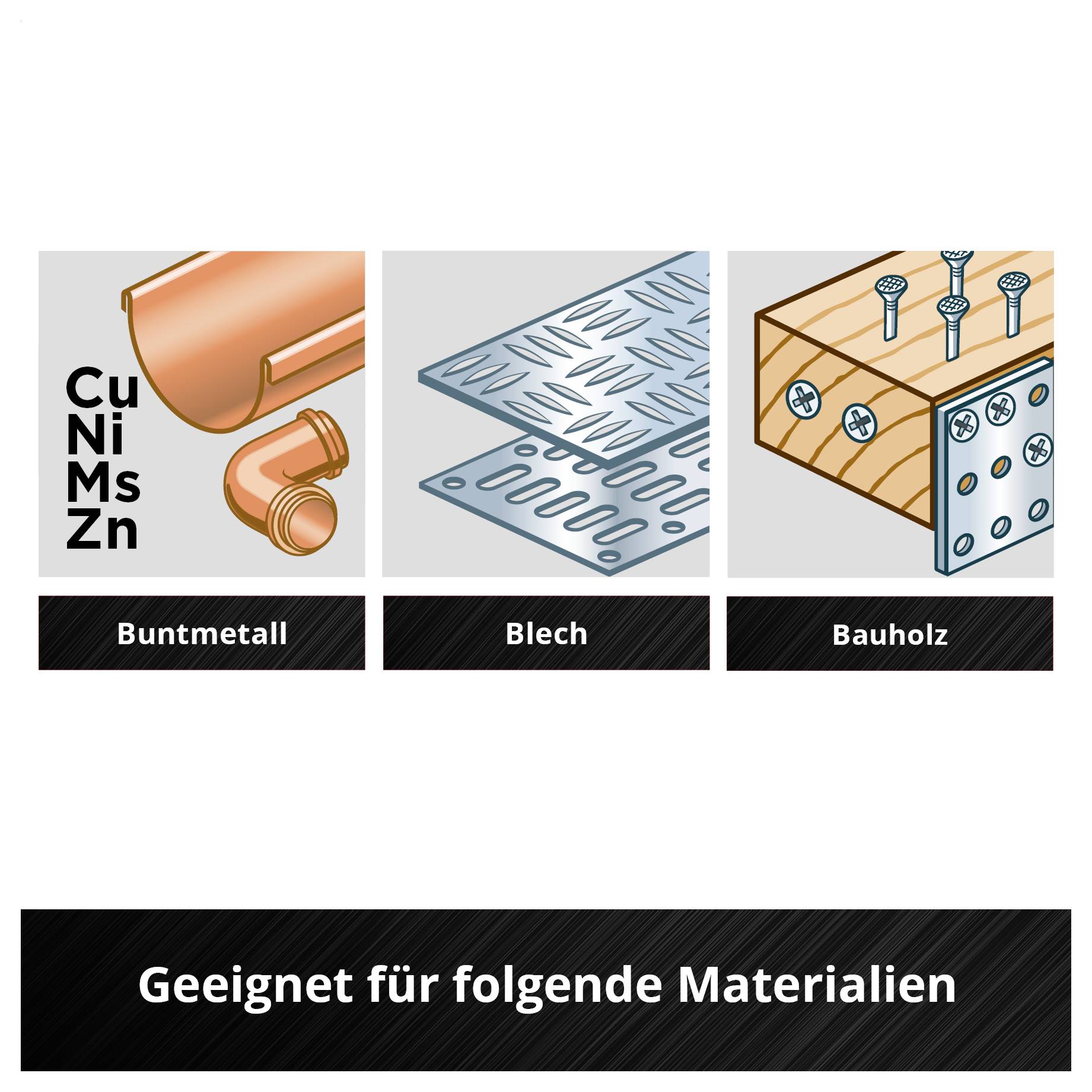 'Geeignet für folgende Materialien' zeigt Symbole für Buntmetall, Blech und Bauholz.