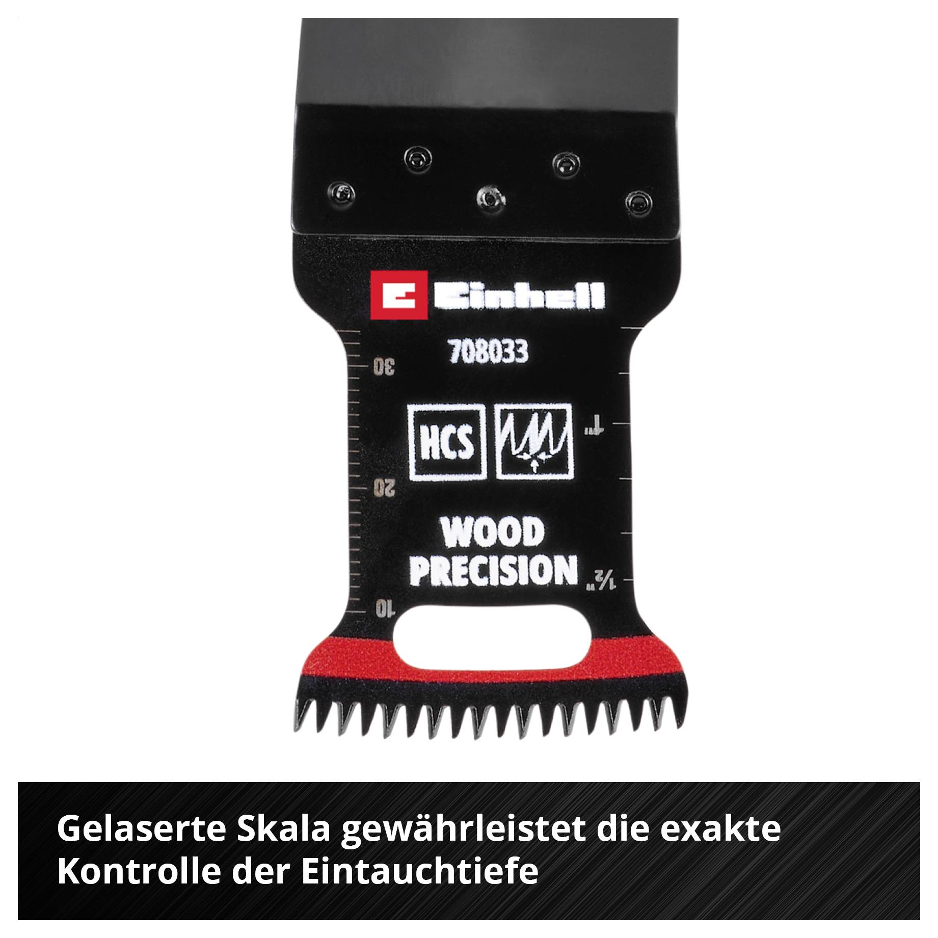 'Einhell' Sägeblatt mit gelaserter Skala für präzise Schnitttiefe, ideal für Holzarbeiten.