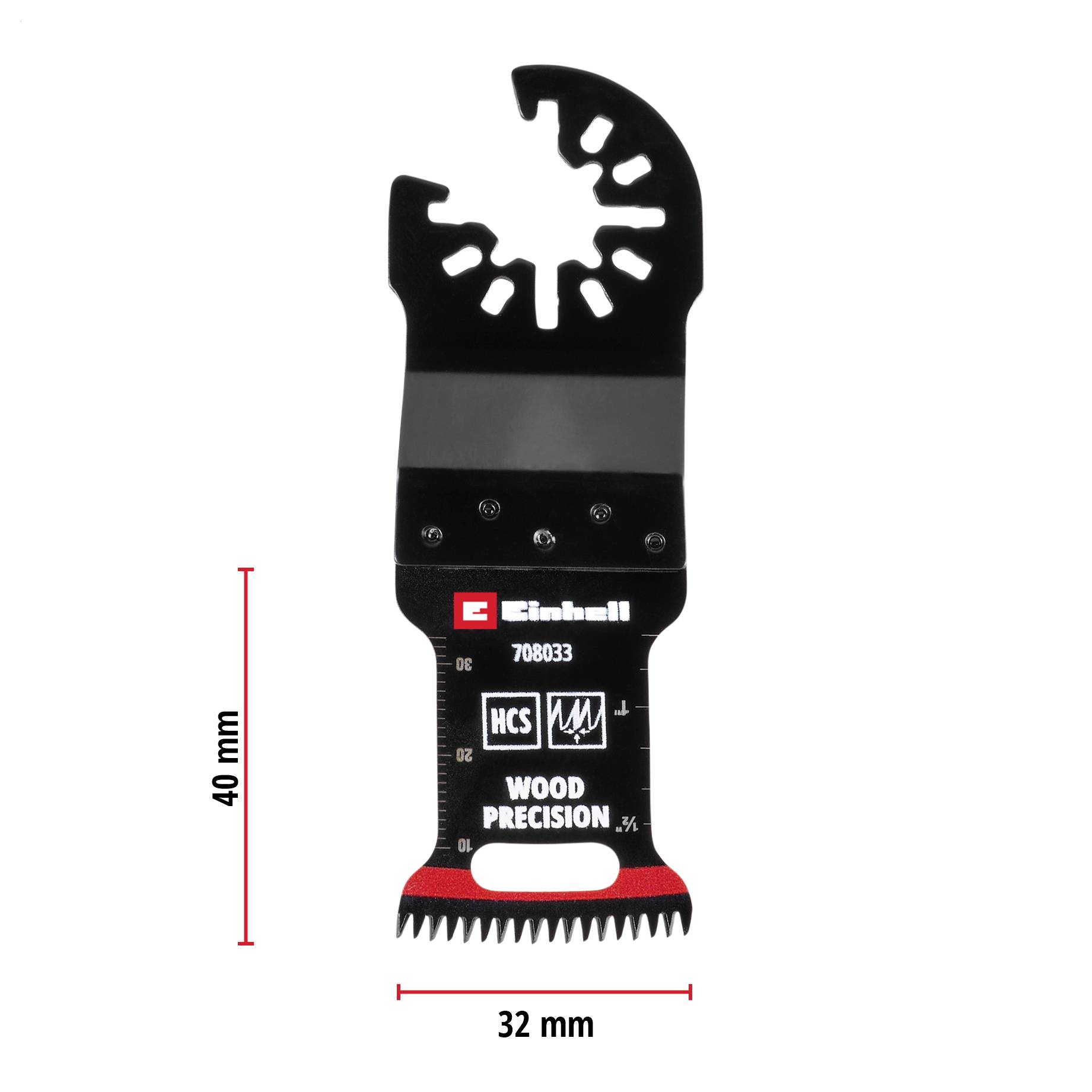 Schwarzes Sägeblatt für multifunktionale Werkzeuge, geeignet für Holzpräzisionsarbeiten. Maße: 40 mm x 32 mm.