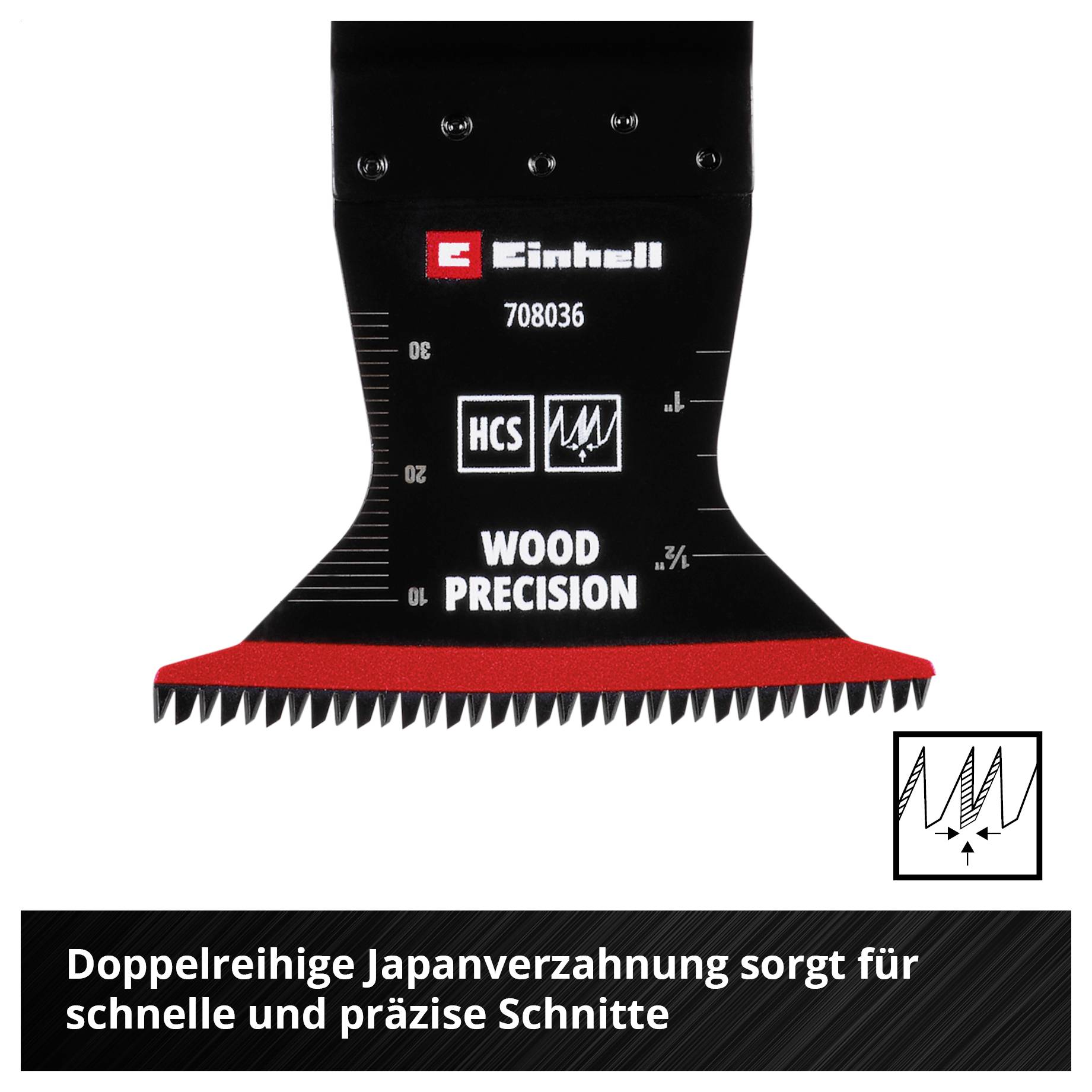 Doppelseitige Sägeklinge von Einhell mit Japanverzahnung für präzise Holzschnitte; Grafik zeigt Schnittmuster.