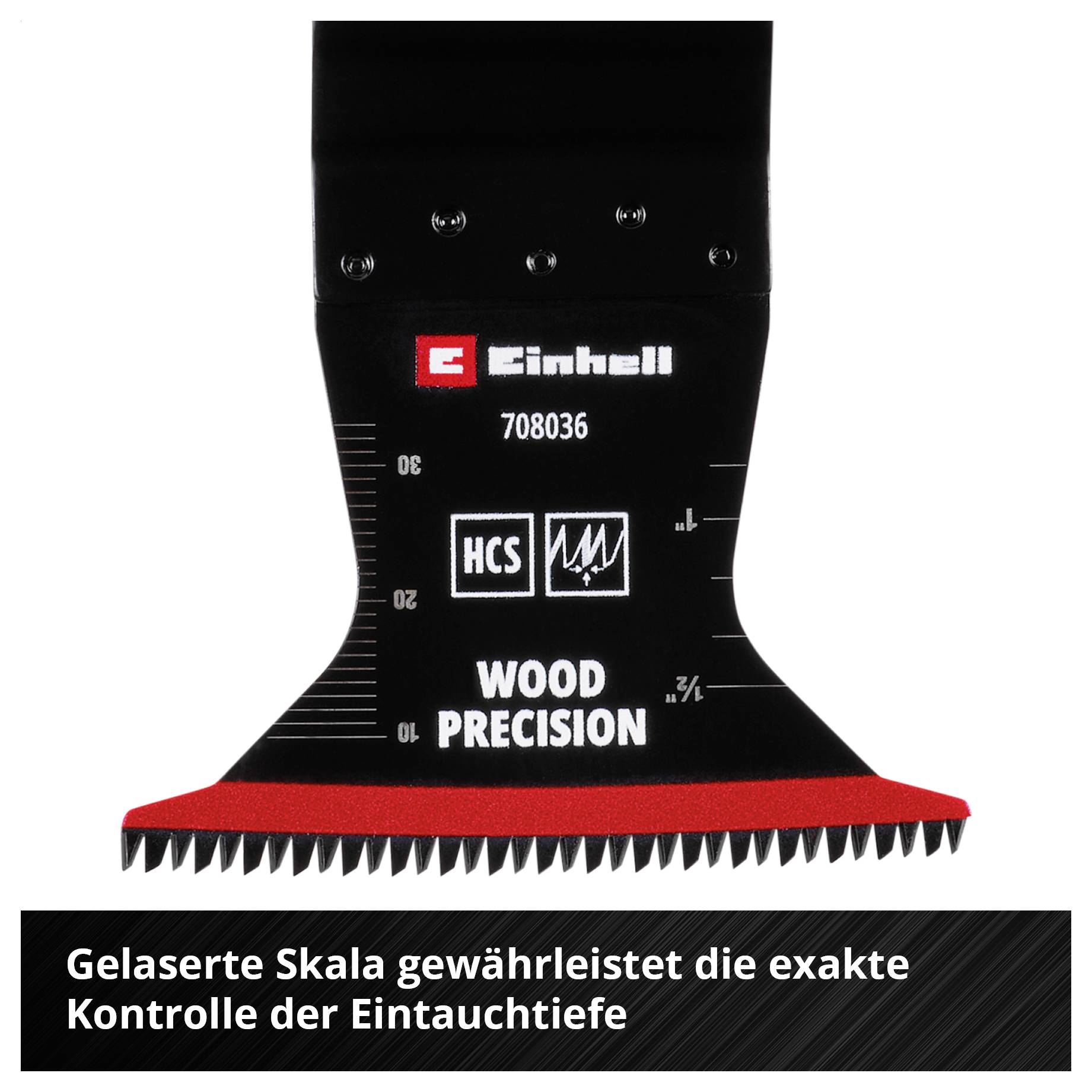 Multifunktionswerkzeug-Klinge mit gelaserter Skala für präzise Eintauchtiefenkontrolle, schwarze Oberfläche mit rotem Zackenrand.