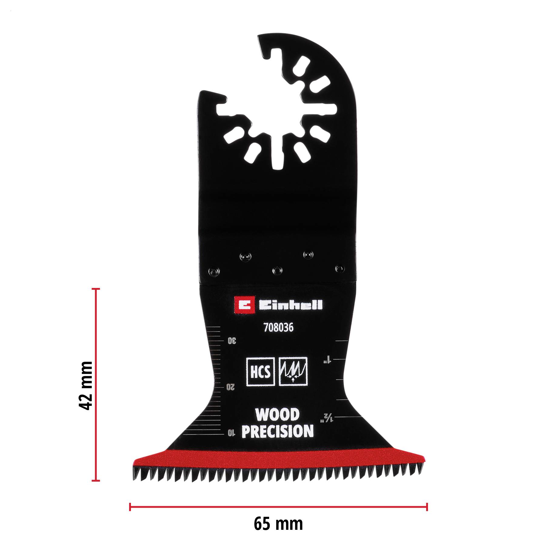 Ein Sägeblatt mit der Aufschrift 'Einhell', 'WOOD PRECISION', 42 mm Höhe, 65 mm Breite. Schwarzes Design mit rotem Rand.
