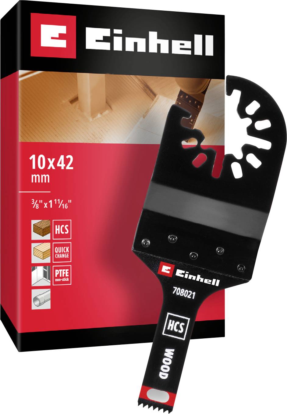 Einhell Holzsägeblatt 10x42 mm, ideal zum Schneiden von Holz, Verpackung zeigt Kompatibilität und Schnellwechselmechanismus.