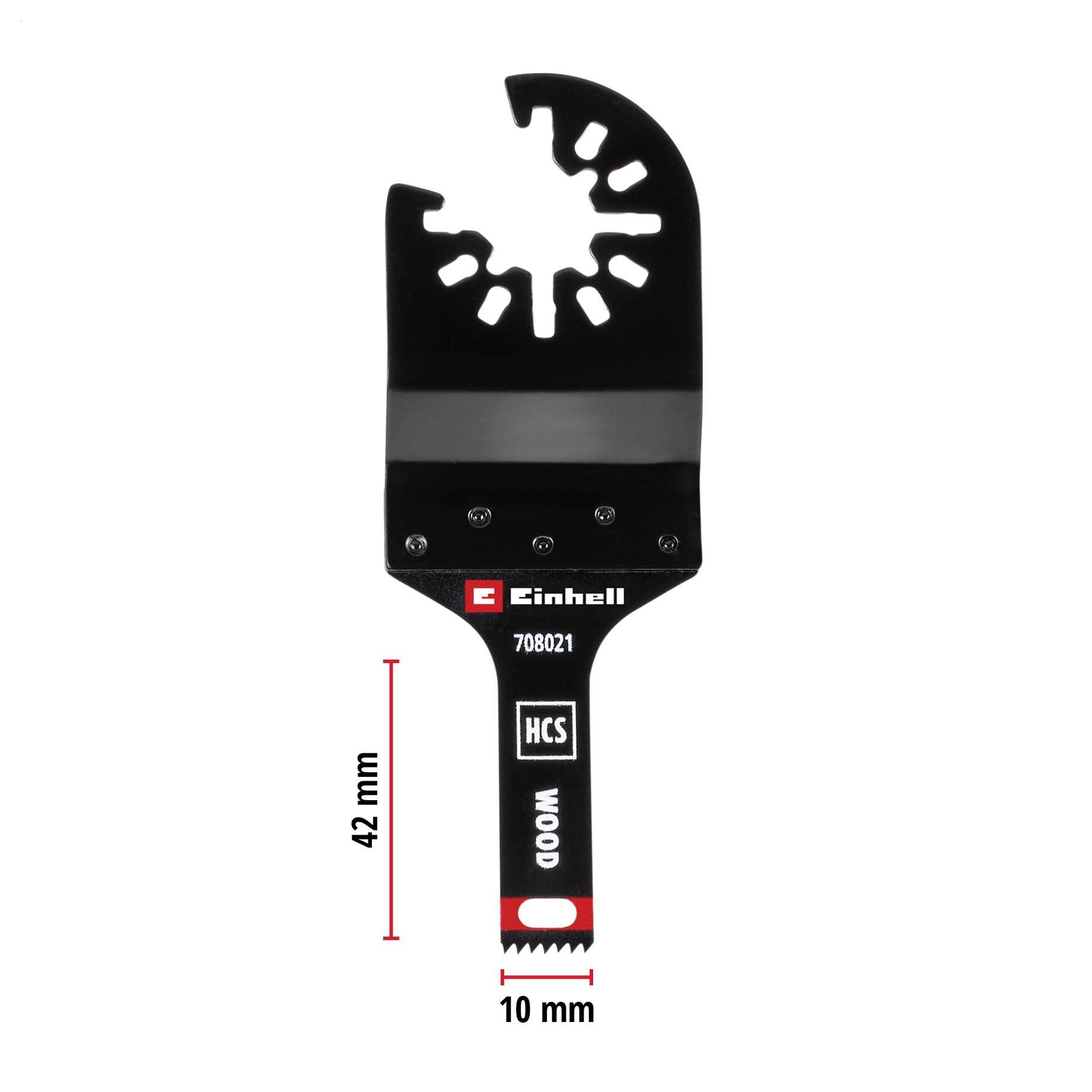 Einhell Sägeblatt, schwarz, 42 mm Länge, geeignet für Holz, illustriert mit roten Maßangaben neben dem Blatt. Markenlogo sichtbar.