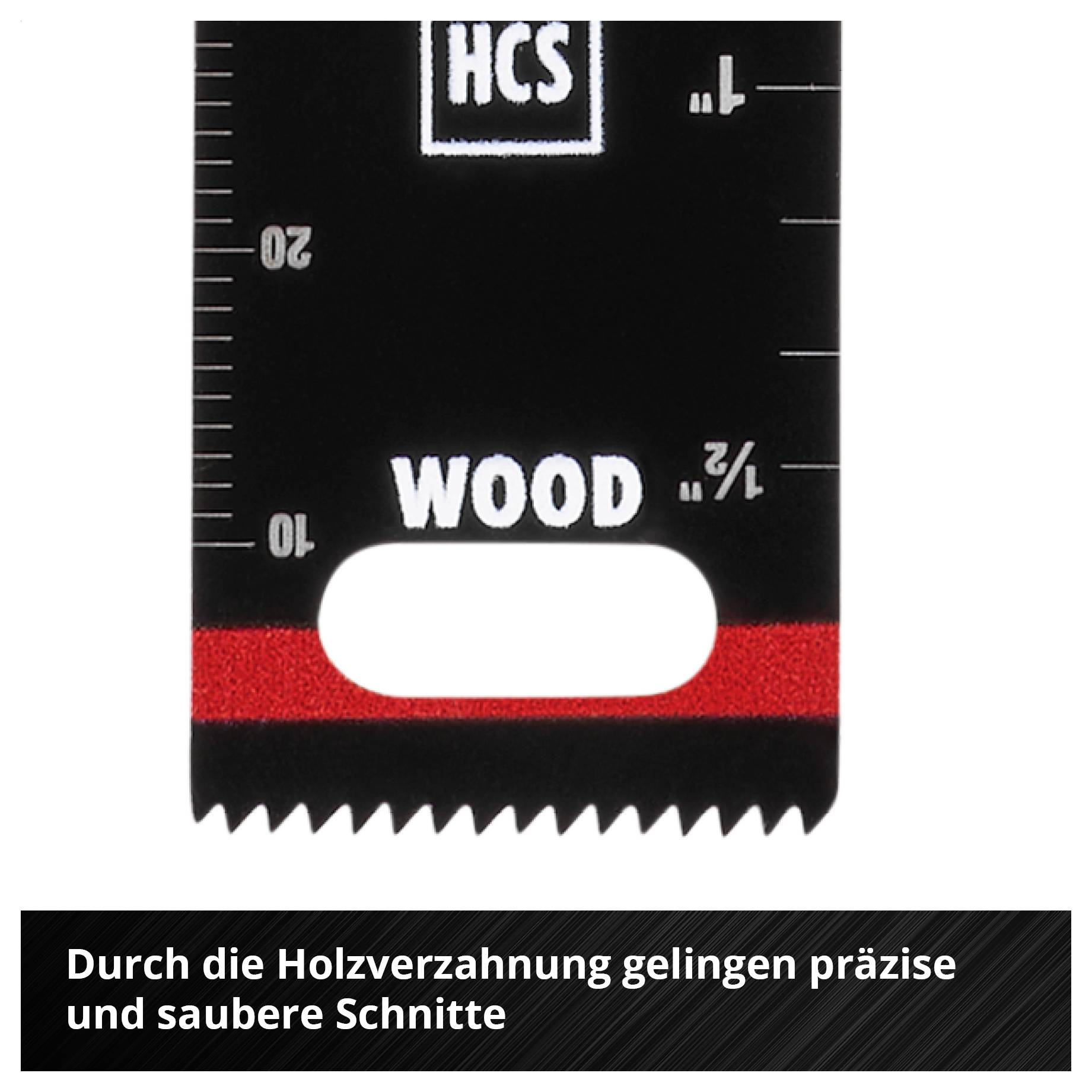 'Sägeblatt mit Holzverzahnung, Maßskala und Aufschrift 