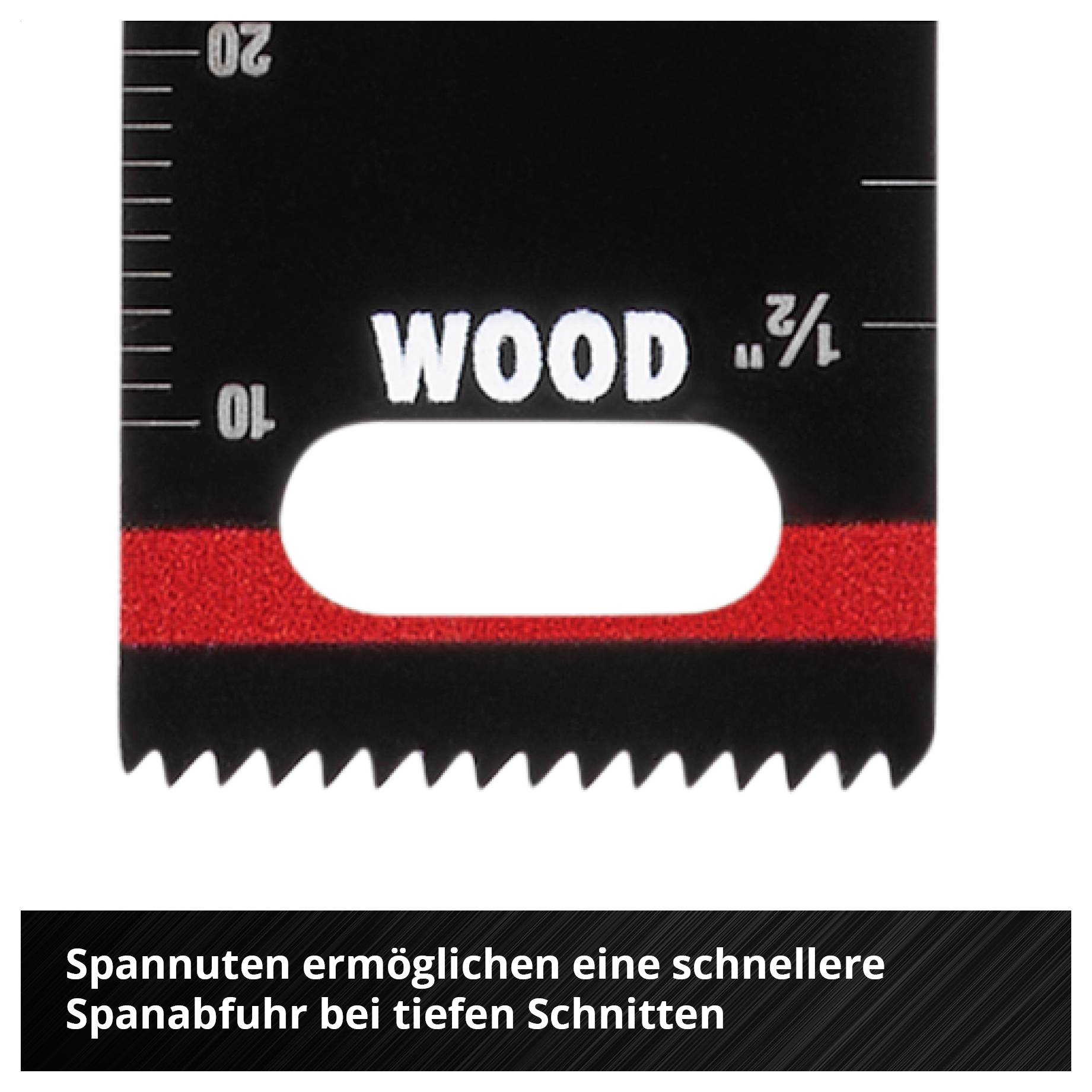 Säbelsägeblatt mit Aufschrift 'WOOD'. Rote Linie markiert Tiefenschnittbereich. Text erklärt: Schnellere Spanabfuhr bei tiefen Schnitten.