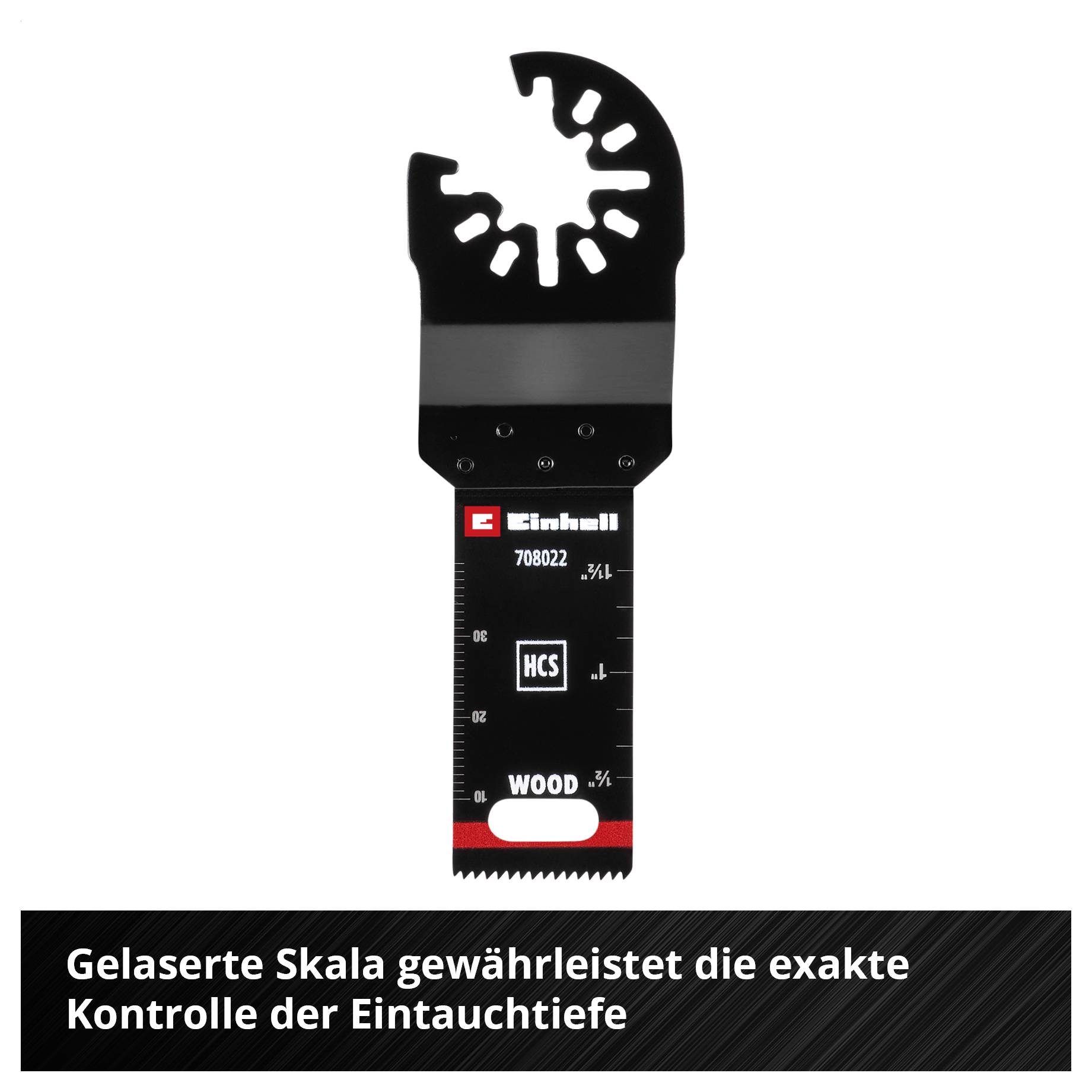 Multifunktionswerkzeug-Sägeblatt mit gelaserter Skala zur präzisen Kontrolle der Eintauchtiefe, speziell für Holzarbeiten.