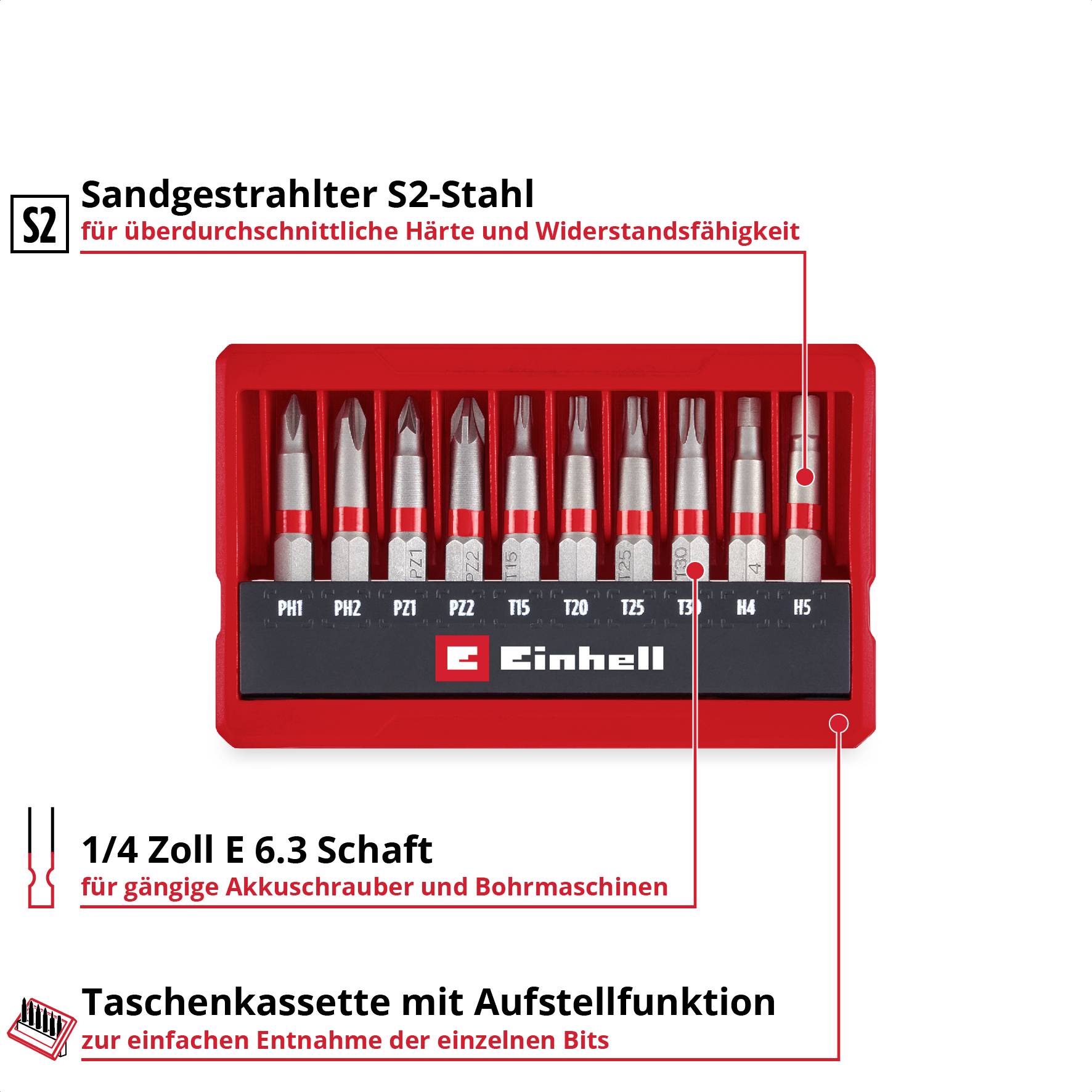 Einhell Bit Taschenbox 10tlg 118643 Bit-Set TORX, PH, PZ, Innen-Sechskant