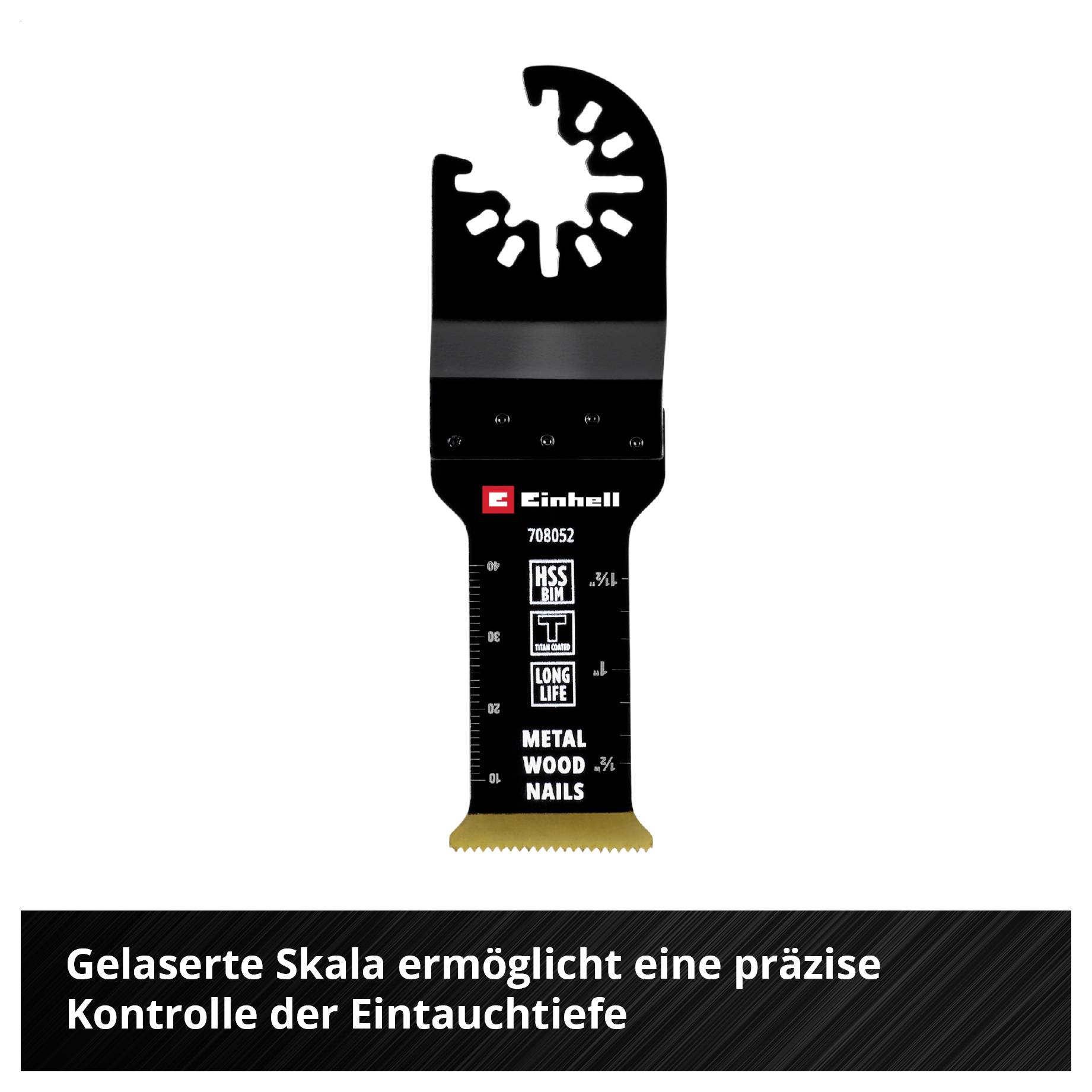 Sägeblatt mit gelaserter Skala ermöglicht präzise Kontrolle der Eintauchtiefe. Geeignet für Metall und Holz. Marke: Einhell.