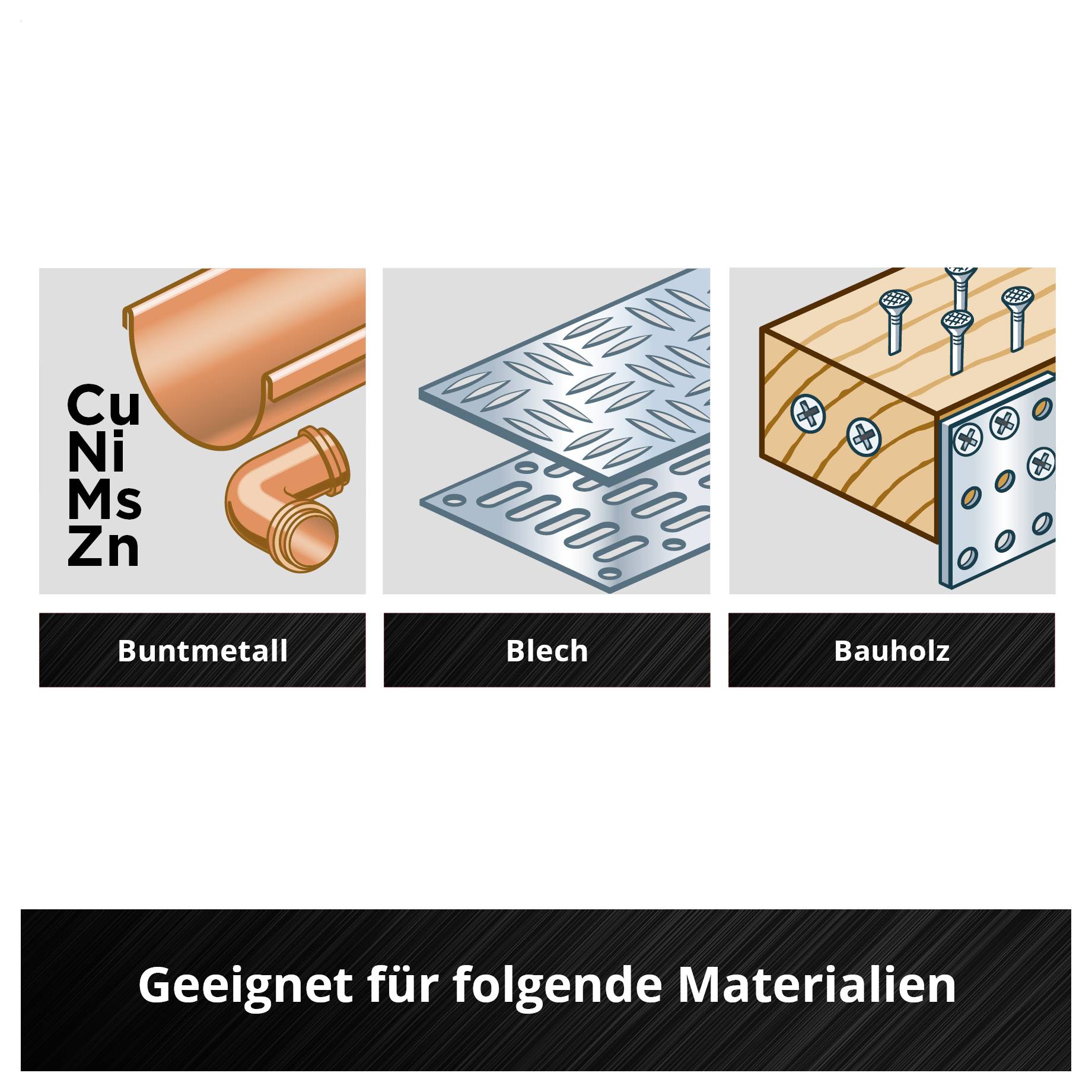 'Geeignet für folgende Materialien': Buntmetall, Blech, Bauholz. Bild zeigt Kupferrohr, Blechplatte und Holz mit Schrauben.