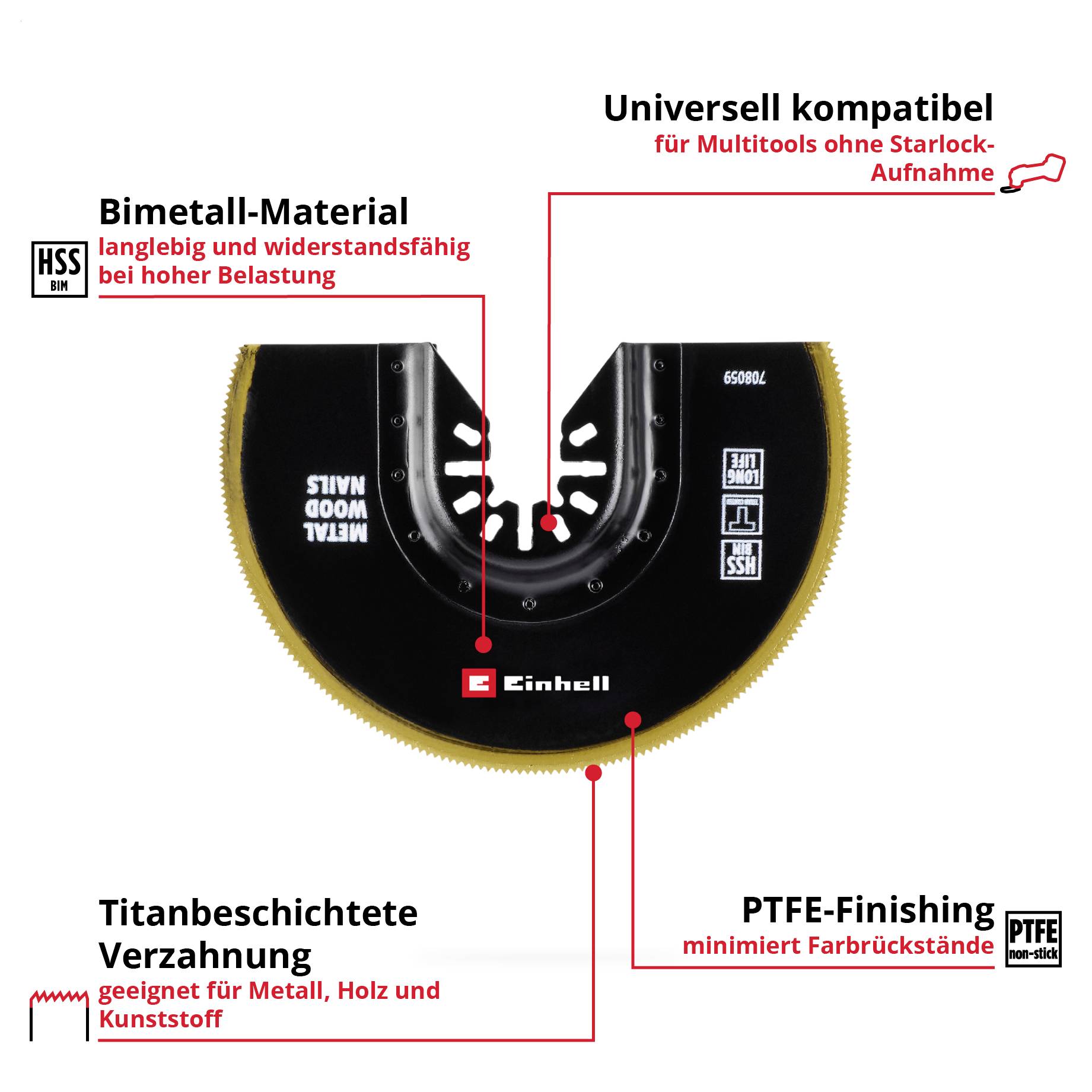 Einhell Sägeblatt: Bimetall-Material mit titanbeschichteten Zähnen für Metall und Holz. Universell kompatibel, PTFE-Finishing minimiert Reibung.