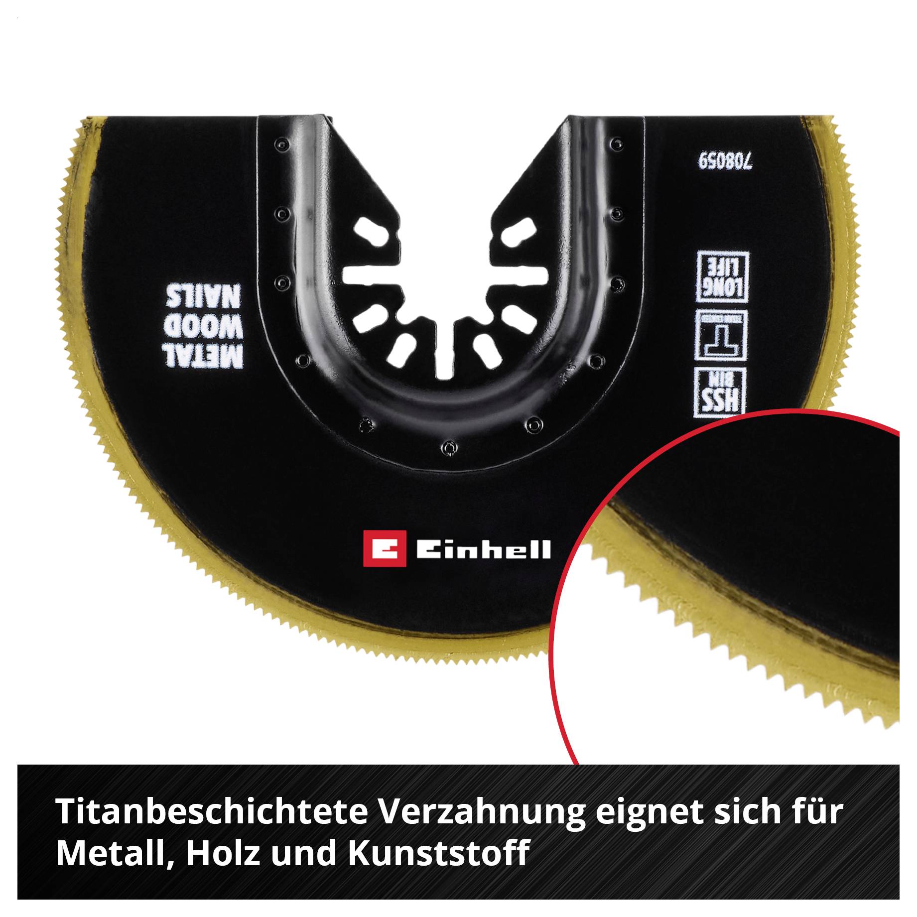 Dreiecksklinge mit titanbeschichteten Zähnen für Metall, Holz, Kunststoff. Logo 'Einhell' in der Mitte; Text am unteren Rand beschreibt Anwendung.