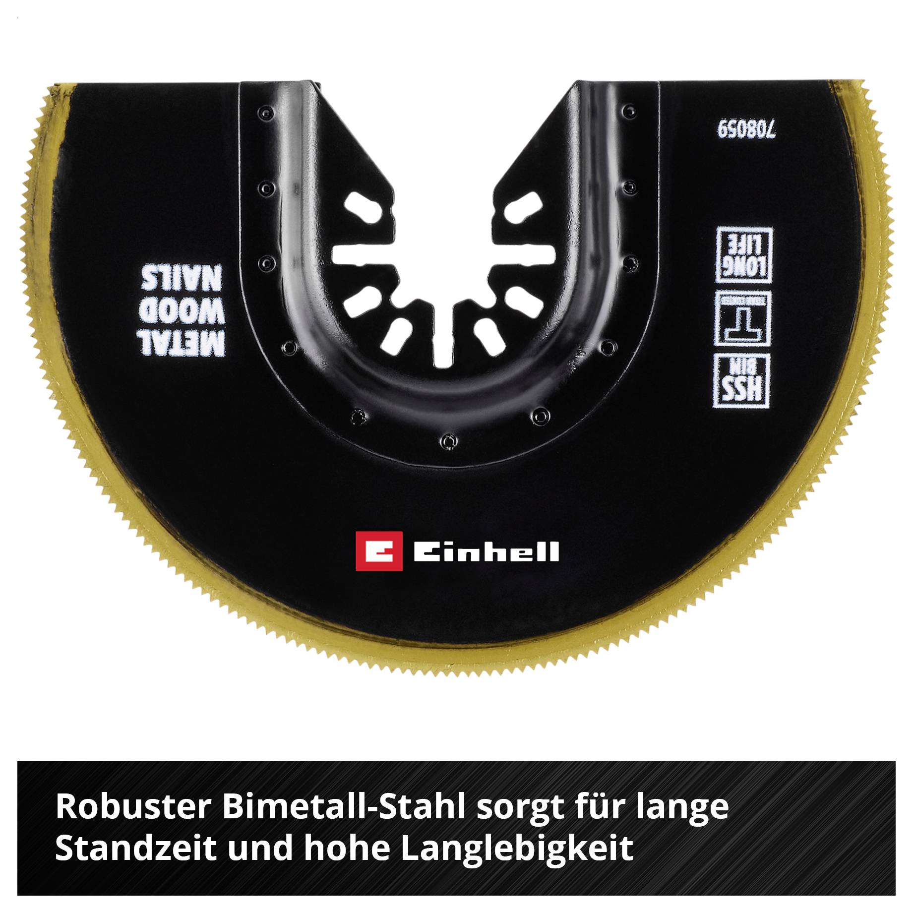 Rundes Sägeblatt mit gezacktem Rand, geeignet für Metall und Holz. Text: 'Robuster Bimetall-Stahl sorgt für lange Standzeit und hohe Langlebigkeit'.