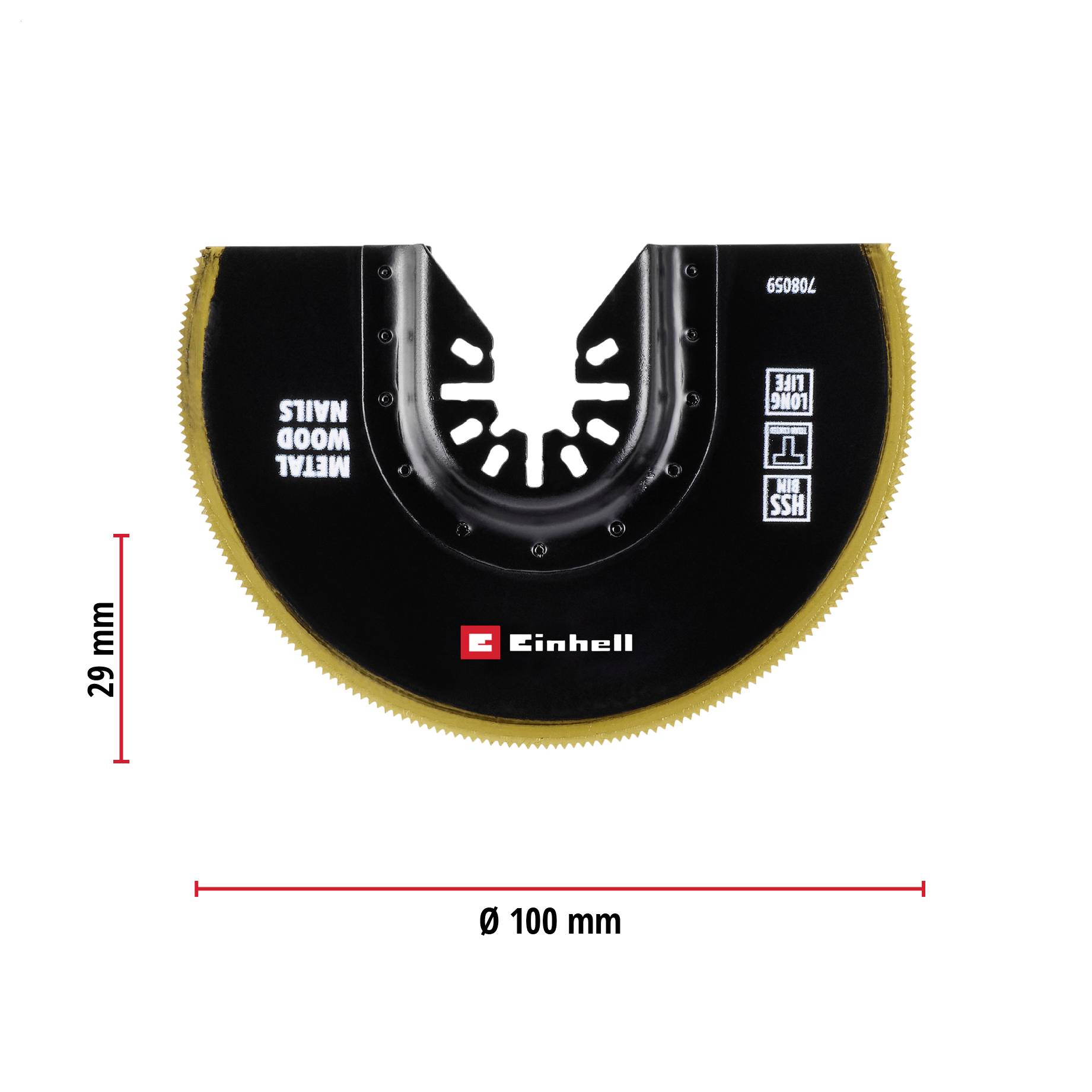 Oscillierendes Sägeblatt, teilweise halbkreisförmig. Beschriftet mit 'METAL WOOD NAILS'. Durchmesser 100 mm, Höhe 29 mm.