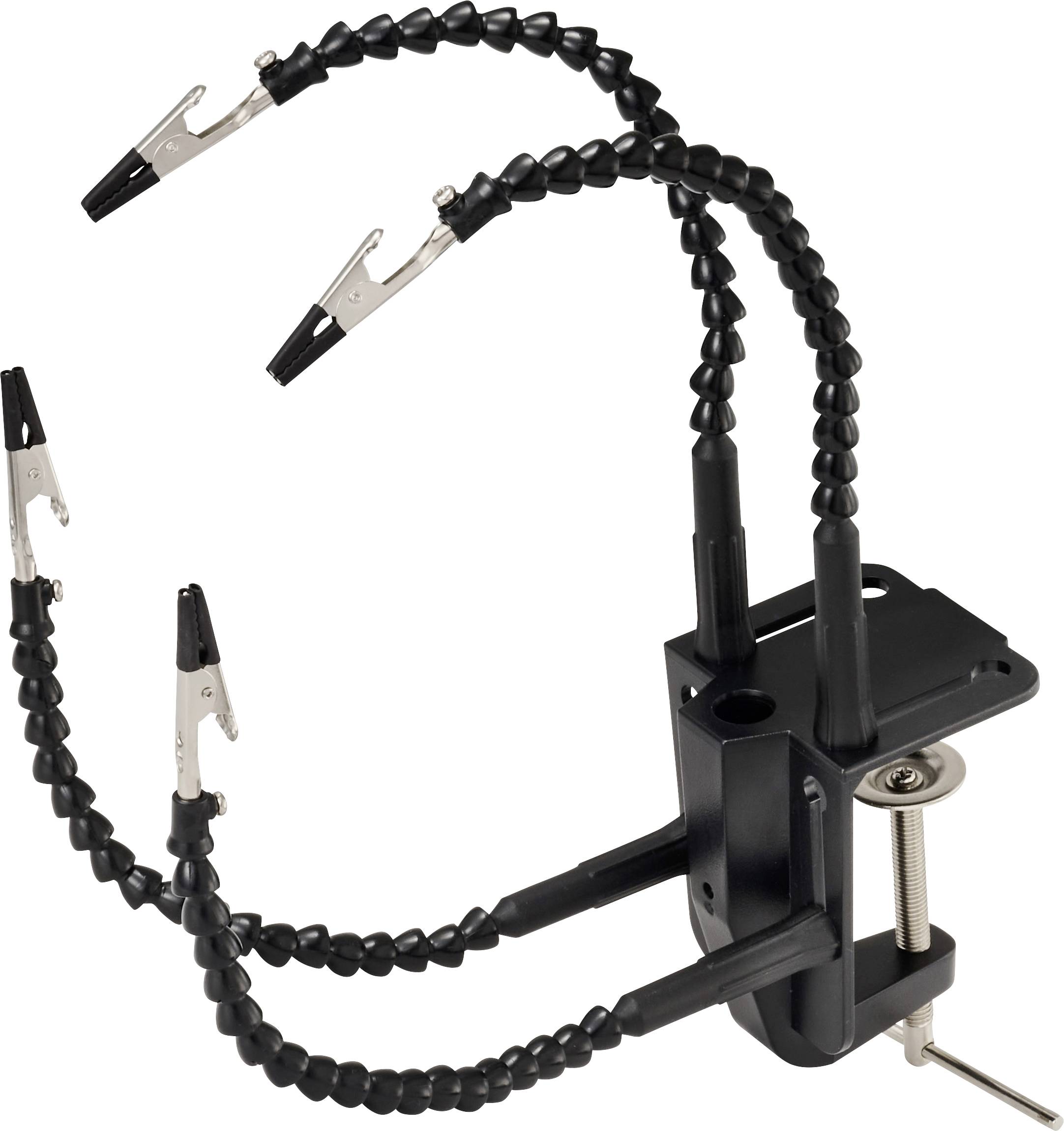 Drittes Hand-Werkzeug mit flexiblen Armen, Krokodilklemmen und einer Klemmbase. Wird verwendet, um kleine Objekte während der Arbeit sicher zu halten.