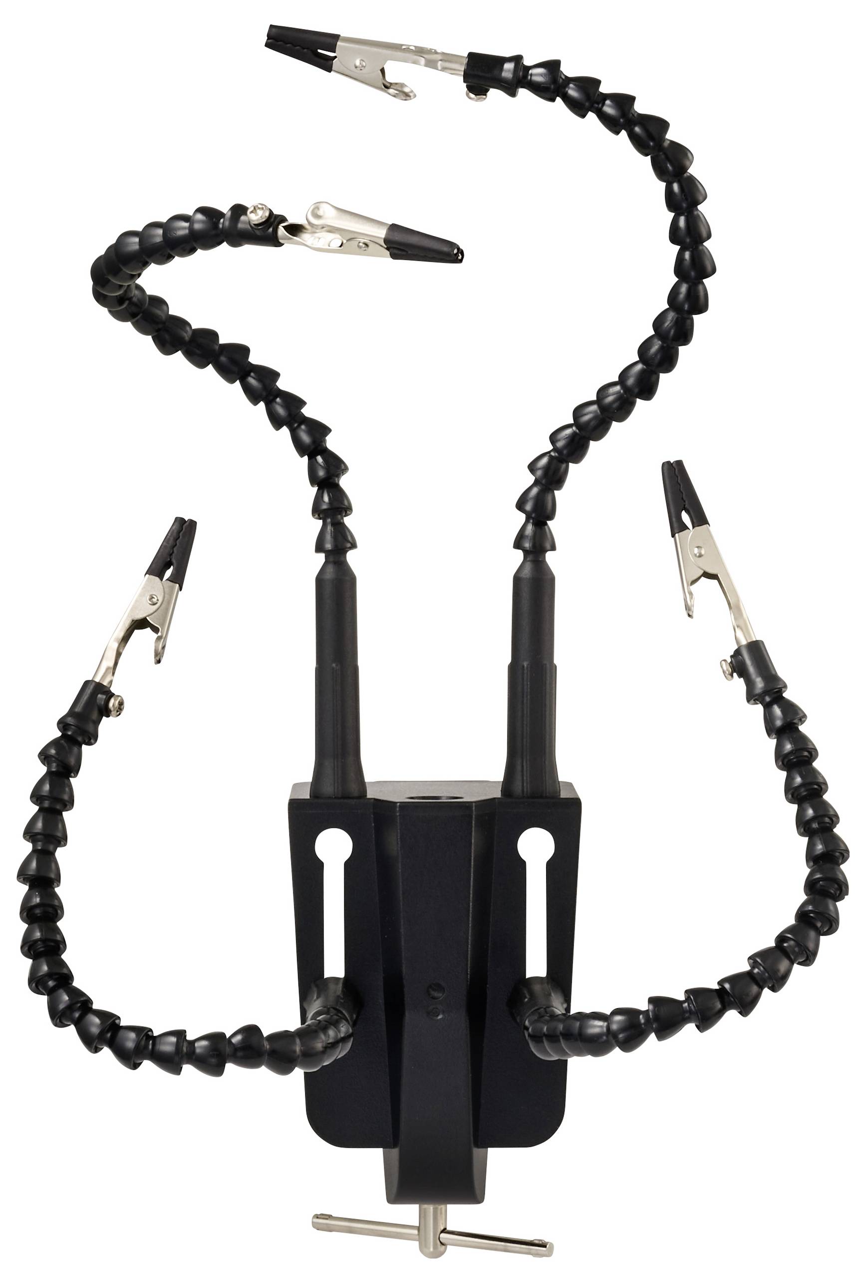 Eine flexible Hilfsvorrichtung zum Löten mit vier verstellbaren Armen und Krokodilklemmen zum sicheren Festhalten von Bauteilen.