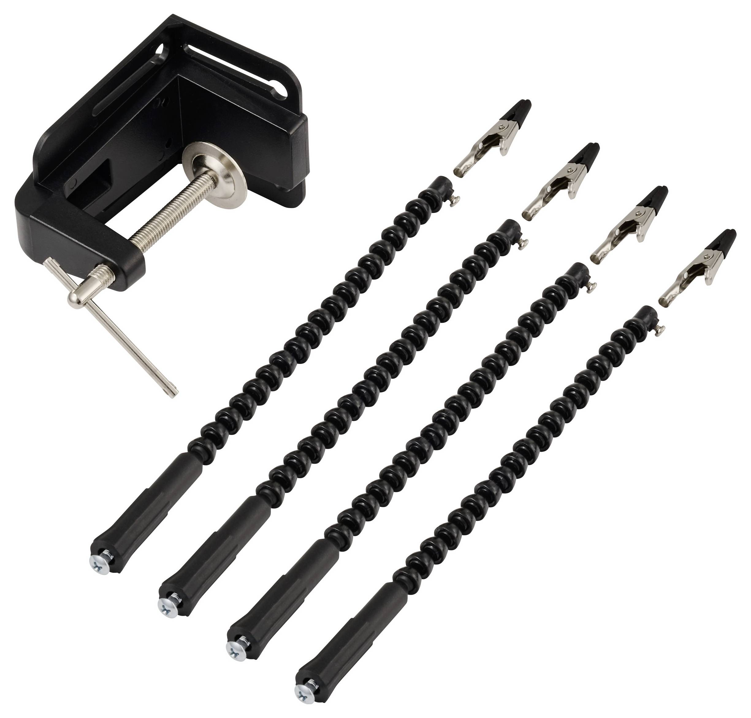 Ein Set aus vier schwarzen spiralförmigen Gitarren-Kapodaster-Klammern und einem schwarzen Gitarren-Stegstift-Entferner, wahrscheinlich für den Saitenwechsel oder die Instrumentenwartung verwendet.