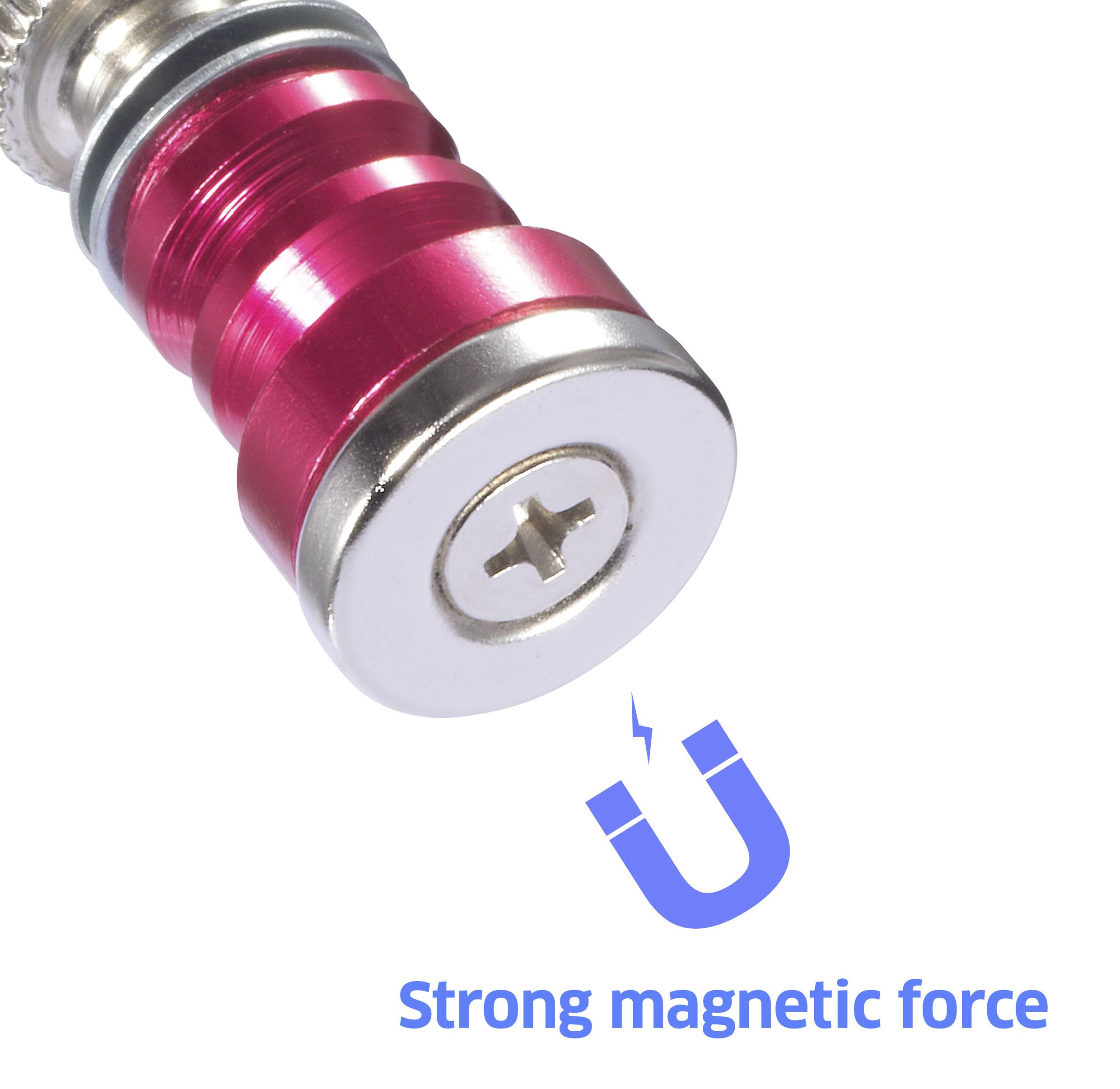 Ein roter magnetischer Bithalter mit einer angeschraubten Schraube, der eine starke magnetische Kraft zeigt, dargestellt mit einem Magnetensymbol und dem Text 