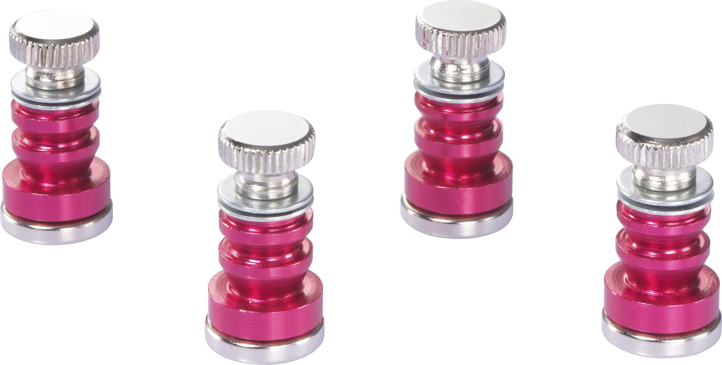 Vier rote und silberne magnetische zylindrische Verbinder, gleichmäßig angeordnet, zum Befestigen oder Organisieren von Kabeln.