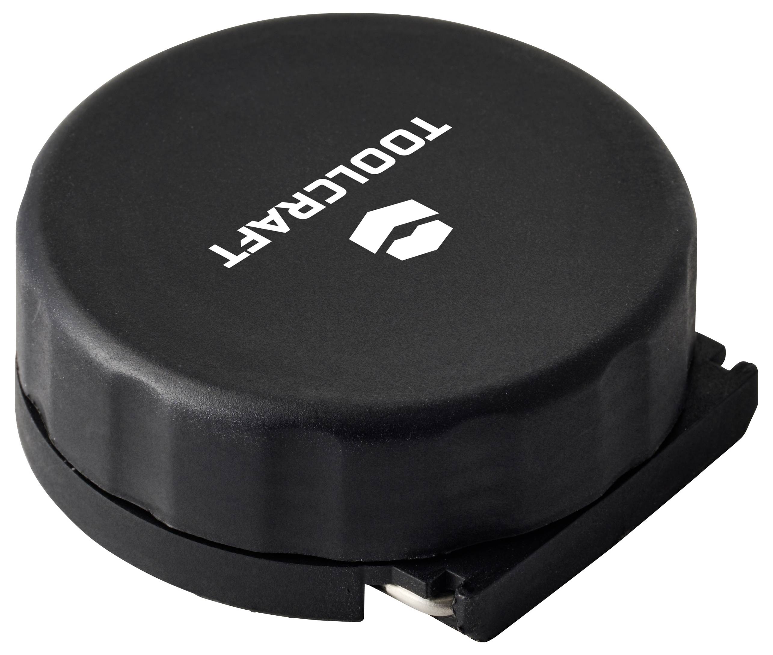 Ein schwarzes Toolcraft Maßband in Gehäuse mit rundem Gehäuse und Logo auf der Oberseite.