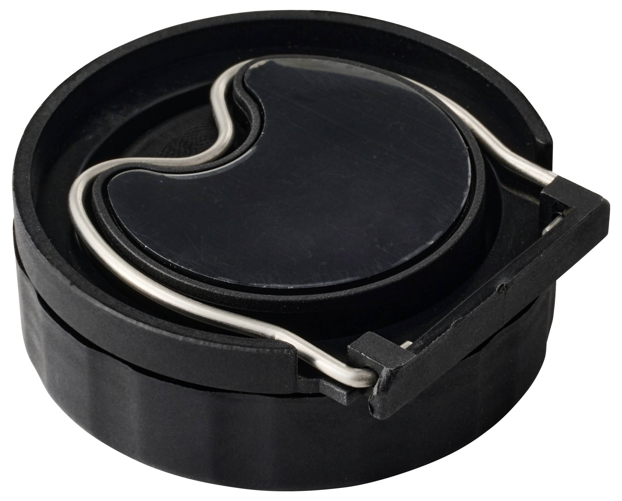 Eine schwarze und silberne Objektivdeckel für eine Kamera, entwickelt zum Schutz der Linse vor Staub und Kratzern.