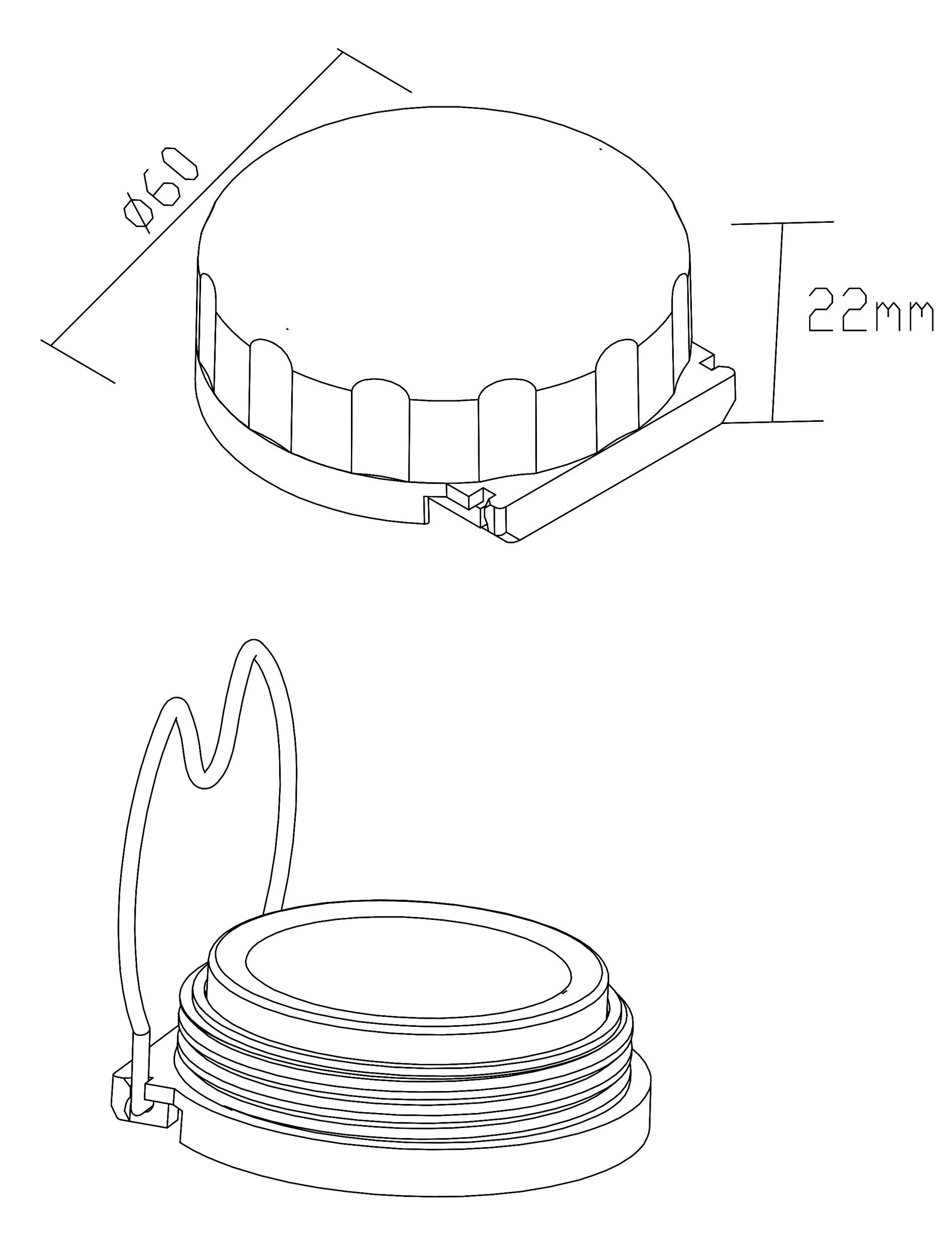 Illustration einer runden Behälters mit einem Klappdeckel, der 60 mm im Durchmesser und 22 mm in der Höhe misst.