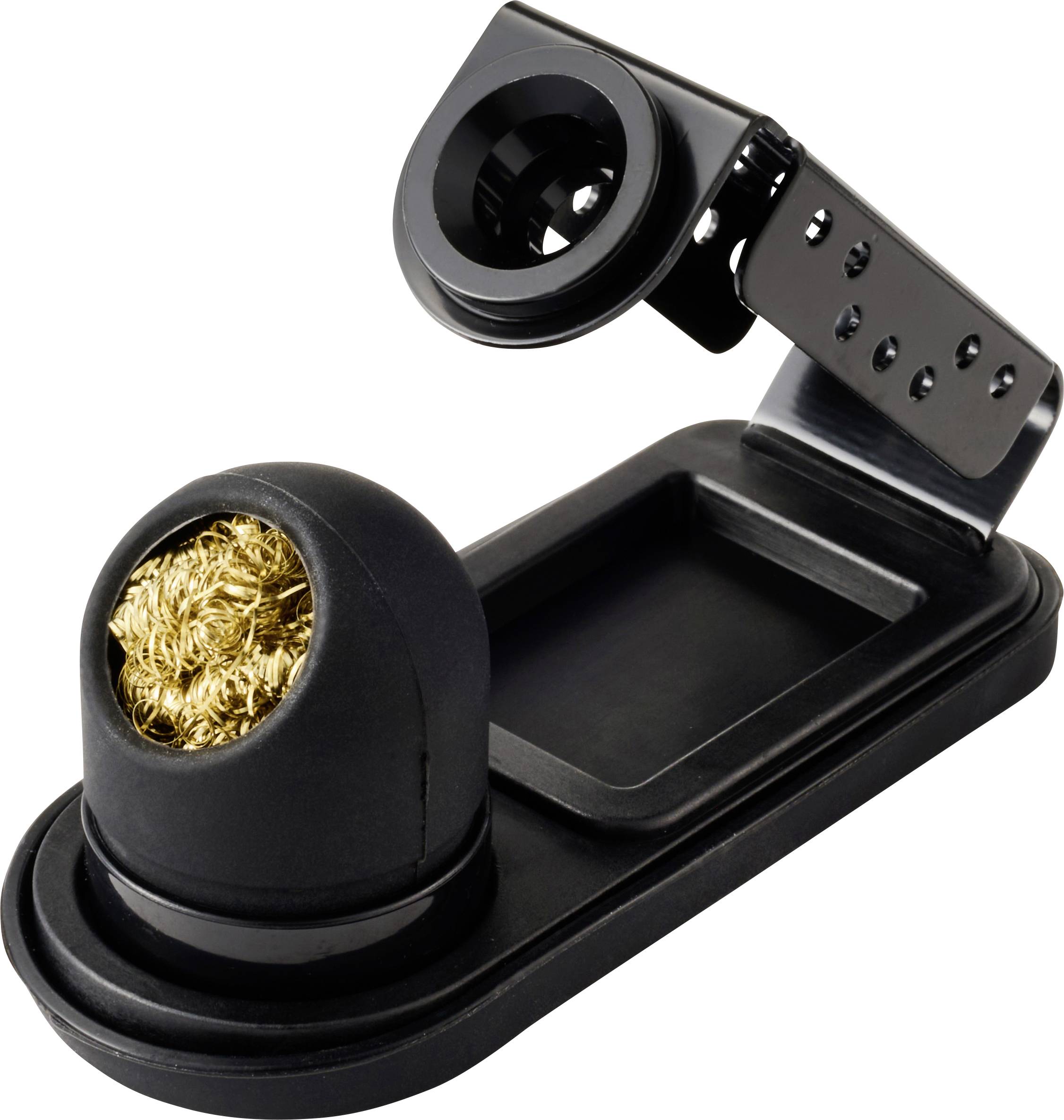 Lötkolbenständer mit Messingdraht-Spitzenreiniger und Halterungswinkel, verwendet zum sicheren Abstellen eines Lötkolbens während elektronischer Arbeiten.