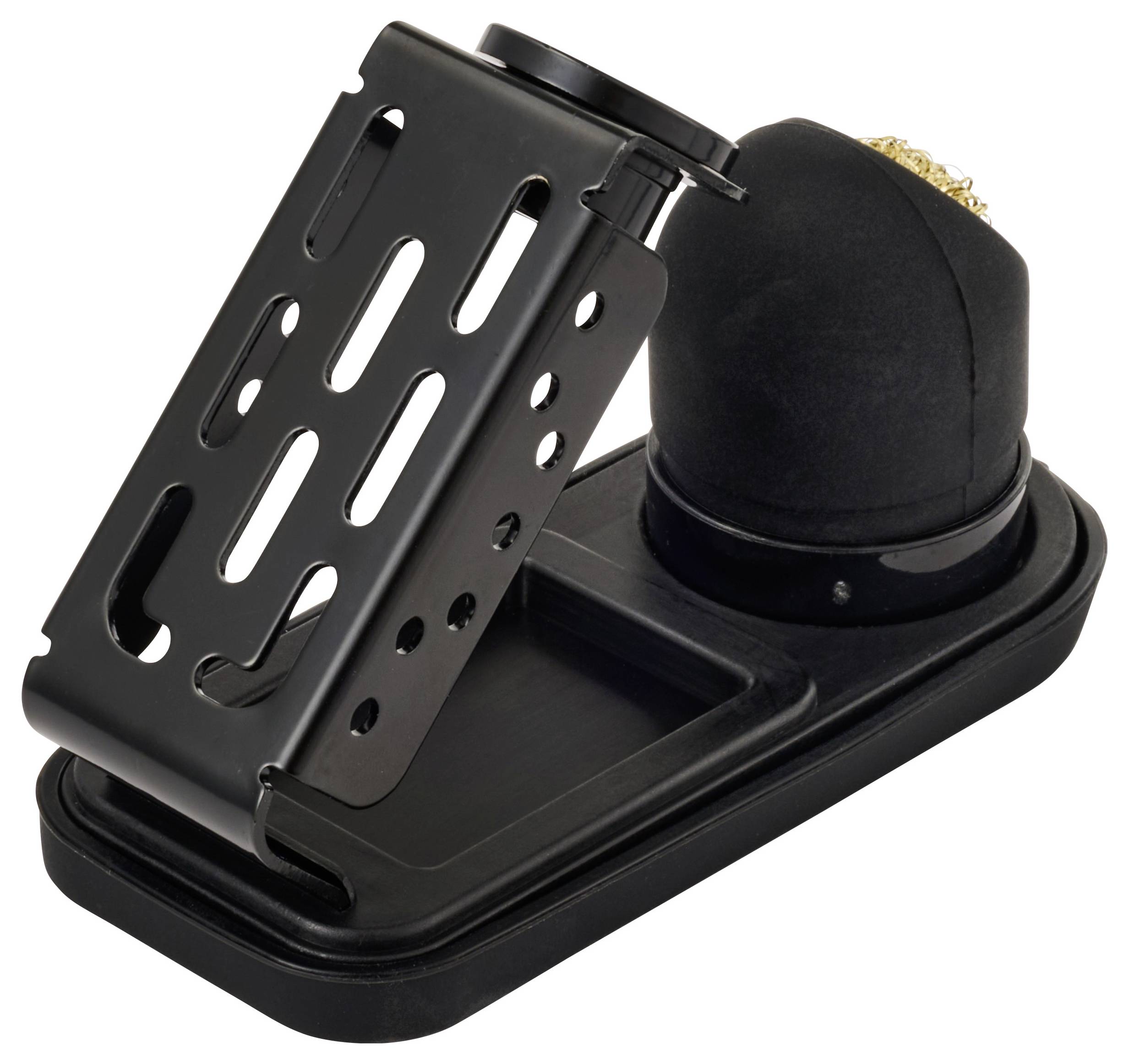 Lötkolbenständer mit einem schwarzen, verstellbaren Halter und Messingspitzen-Schwamm-Reiniger.