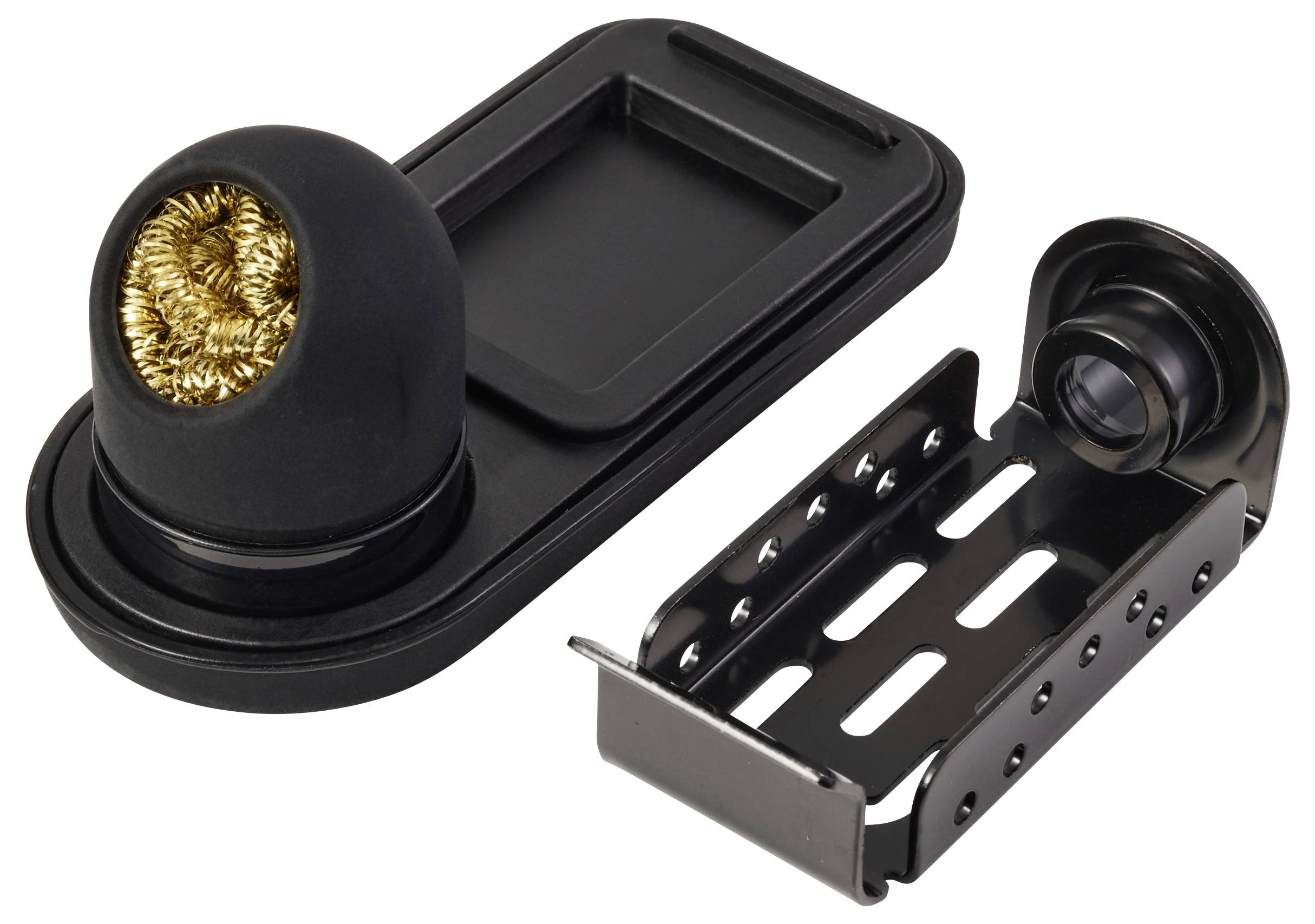 Ein Lötkolben-Reinigungsset mit einer Messingspiralen-Scheuerbürste in einem runden Halter und einem schwarzen Ständer zum Ablegen des Lötkolbens, beide vor einem weißen Hintergrund.