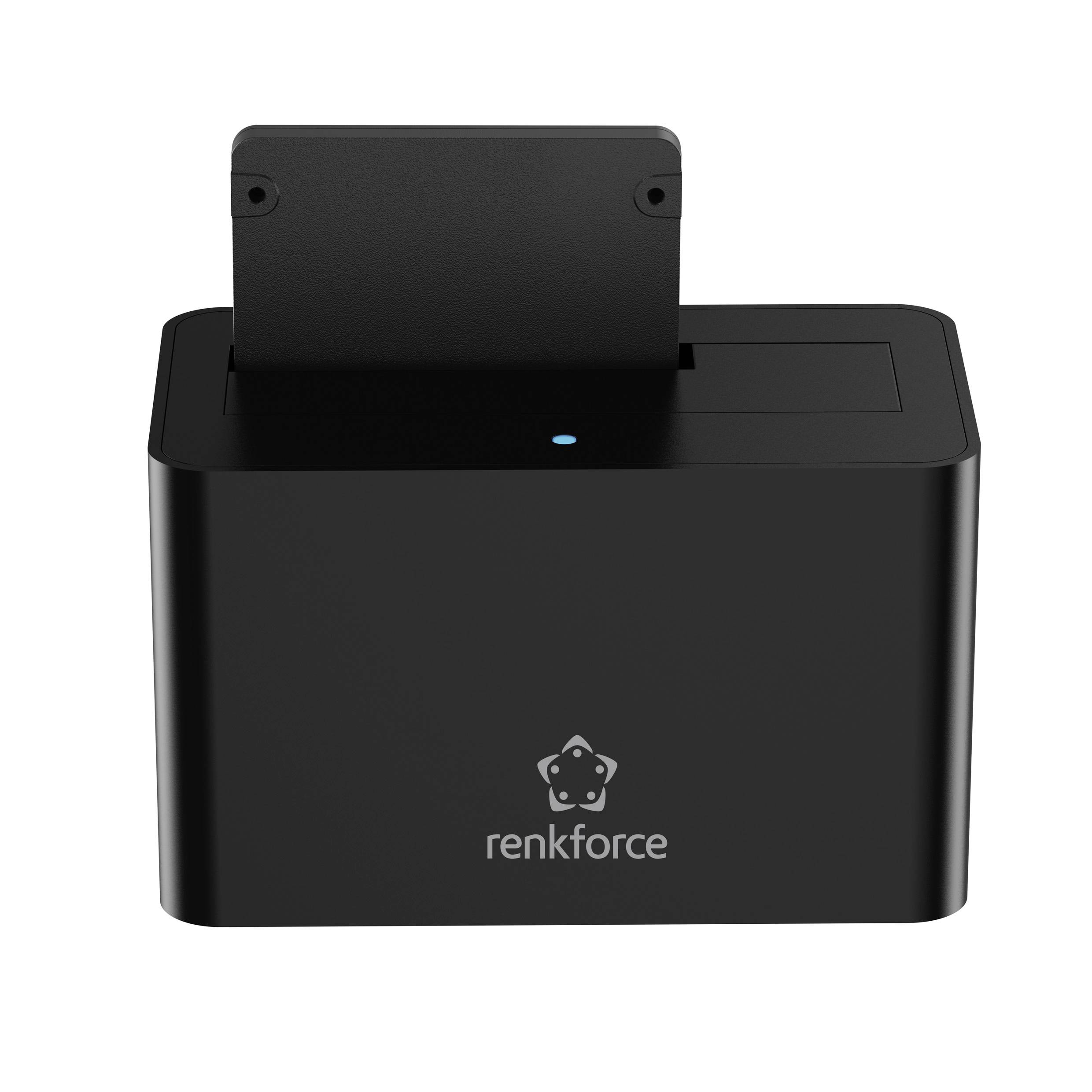 Eine schwarze Renkforce Festplatten-Dockingstation mit einem Einschub zum Einlegen von Festplatten und einer kleinen blauen LED-Anzeige auf der Vorderseite.