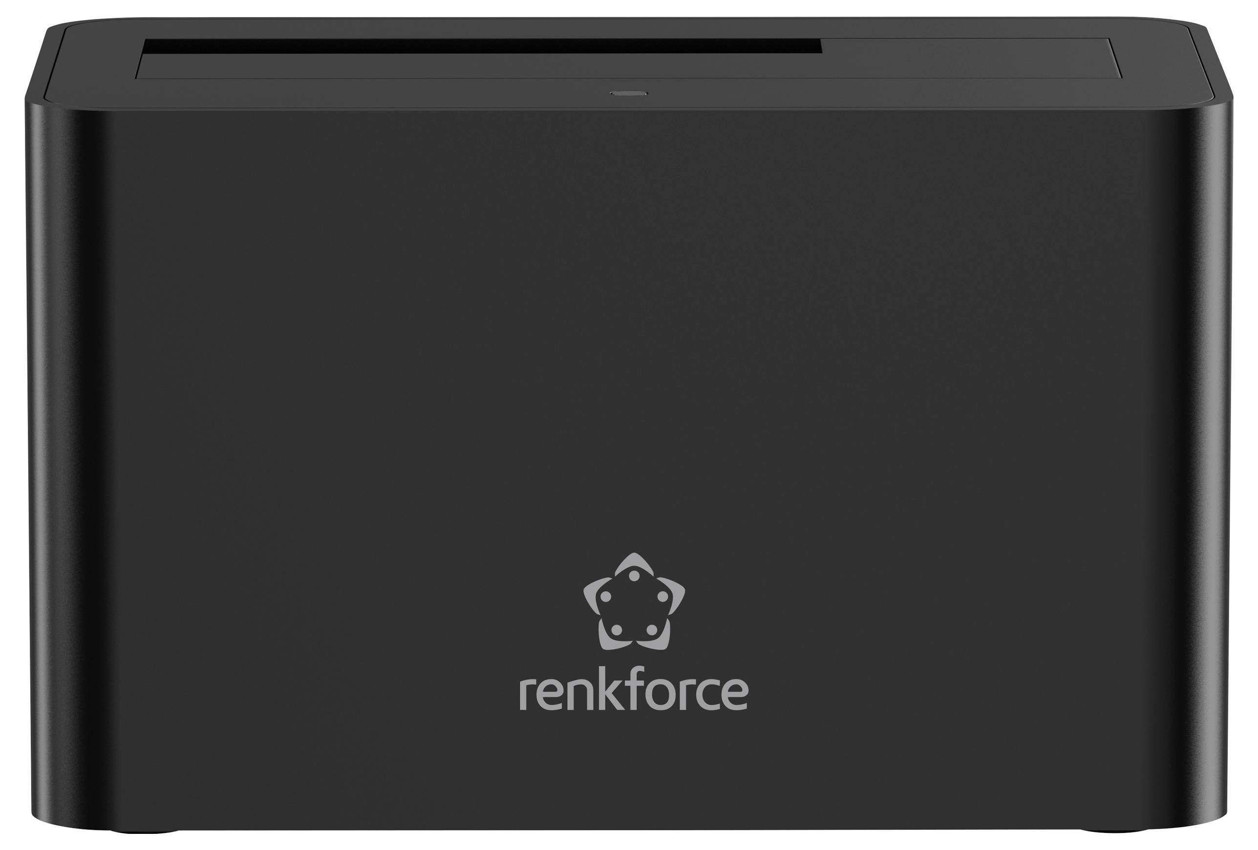 Renkforce Festplatten-Dockingstation in Schwarz, mit einem von oben zu beladenden Einschub zum Einsetzen von Festplatten und dem Renkforce-Logo auf der Vorderseite.