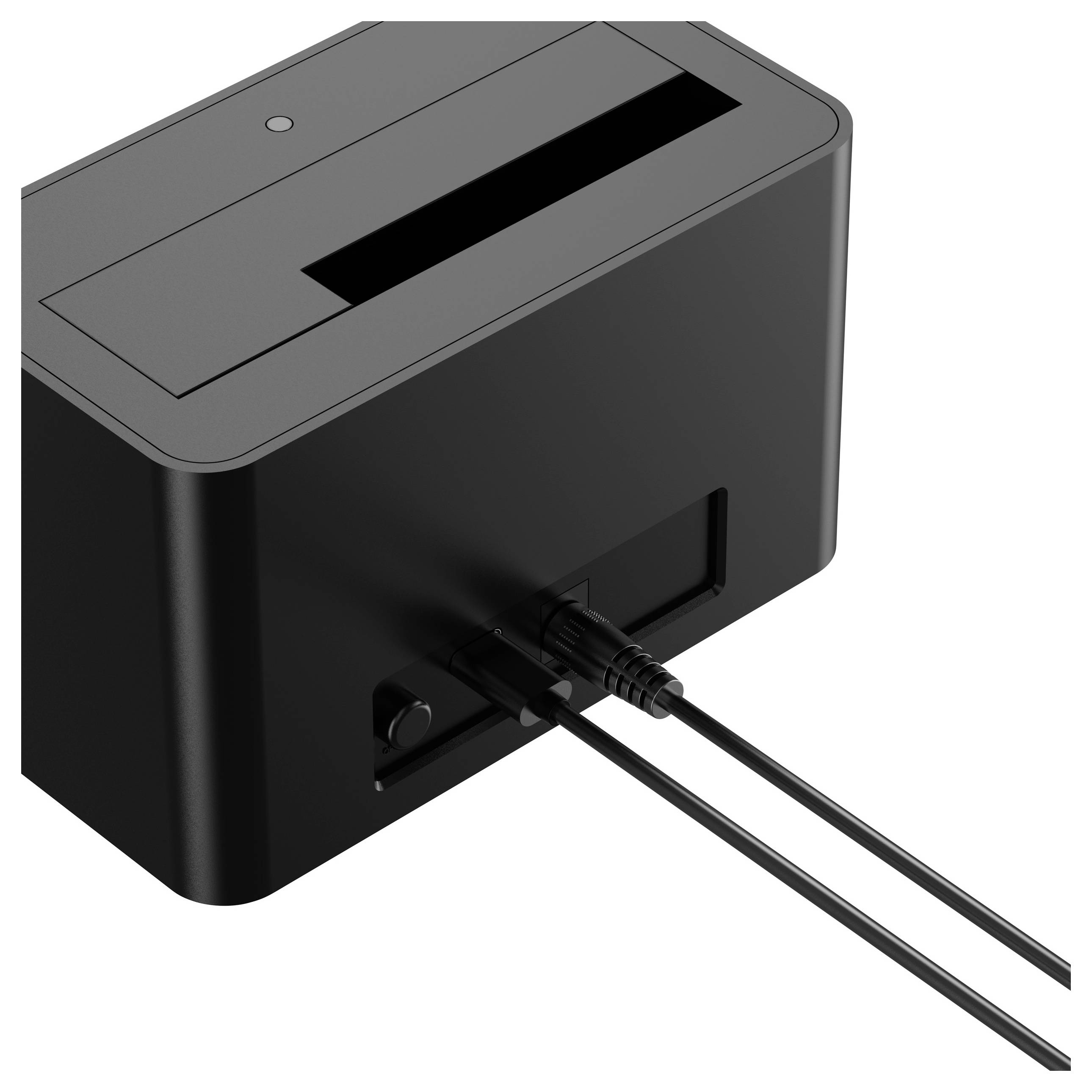 Ein schwarzes elektronisches Gerät mit zwei Kabeln, die an der Rückseite angeschlossen sind und an der Oberseite einen Schlitz zum Einfügen aufweist.