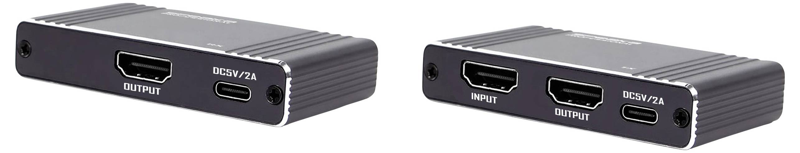 Zwei schwarze rechteckige elektronische Geräte mit HDMI-Anschlüssen, die als 'INPUT' und 'OUTPUT' gekennzeichnet sind, sowie jeweils einem USB-C-Anschluss, der mit 'DC5V/2A' beschriftet ist.