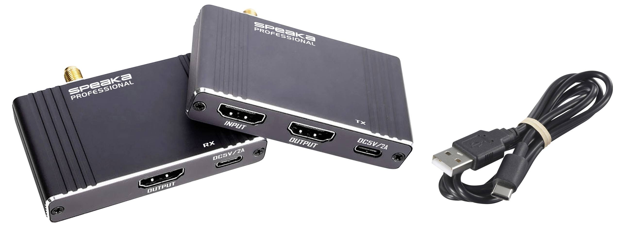 'SPK618 Professional' HDMI-Sender- und Empfangsgeräte mit sichtbaren Ein- und Ausgängen, begleitet von einem USB-Kabel.