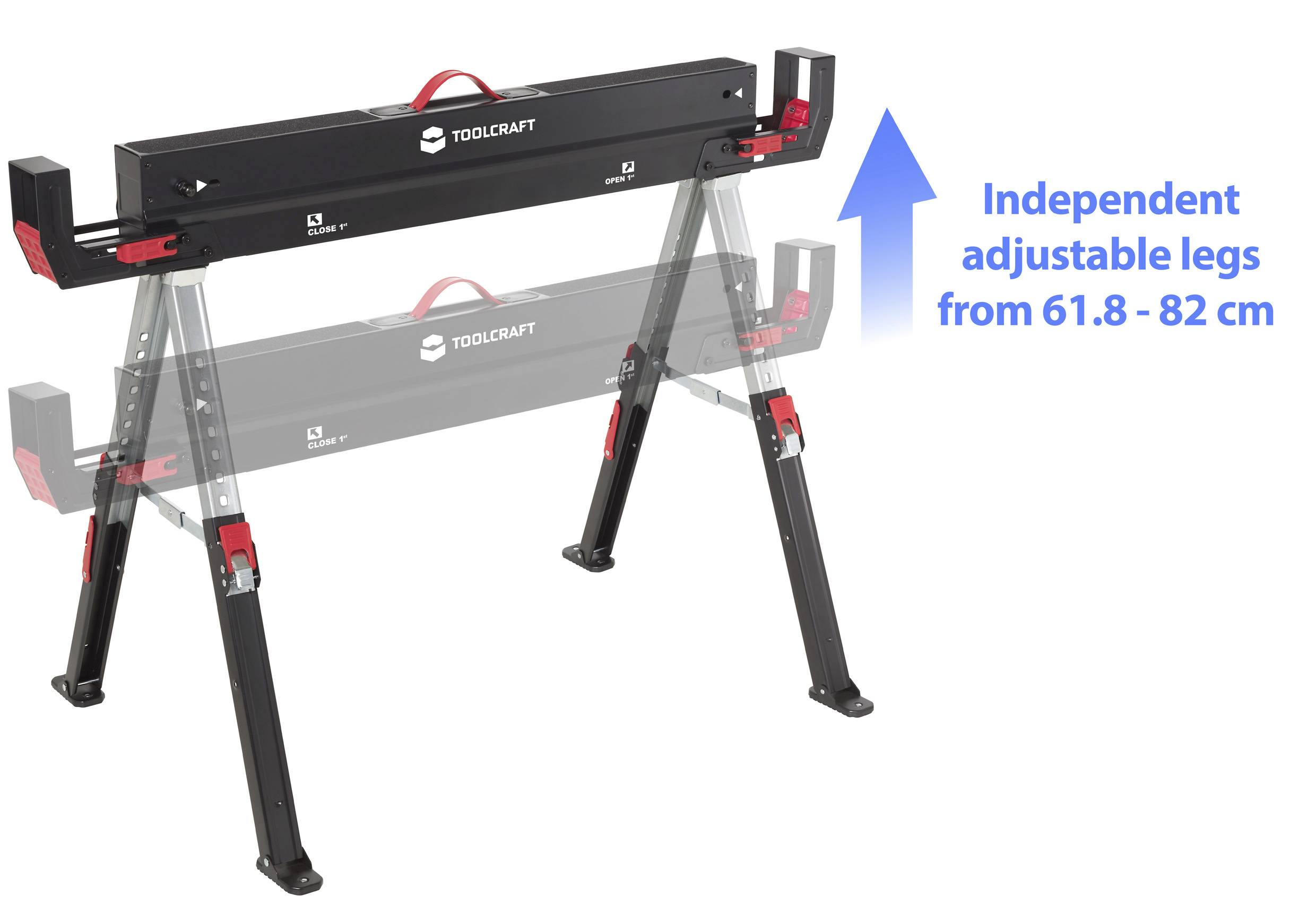 Werkzeugbock von Toolcraft mit unabhängig verstellbaren Beinen, in einer Höhe von 61,8 bis 82 cm, mit einer Darstellung der verstellbaren Höhe.