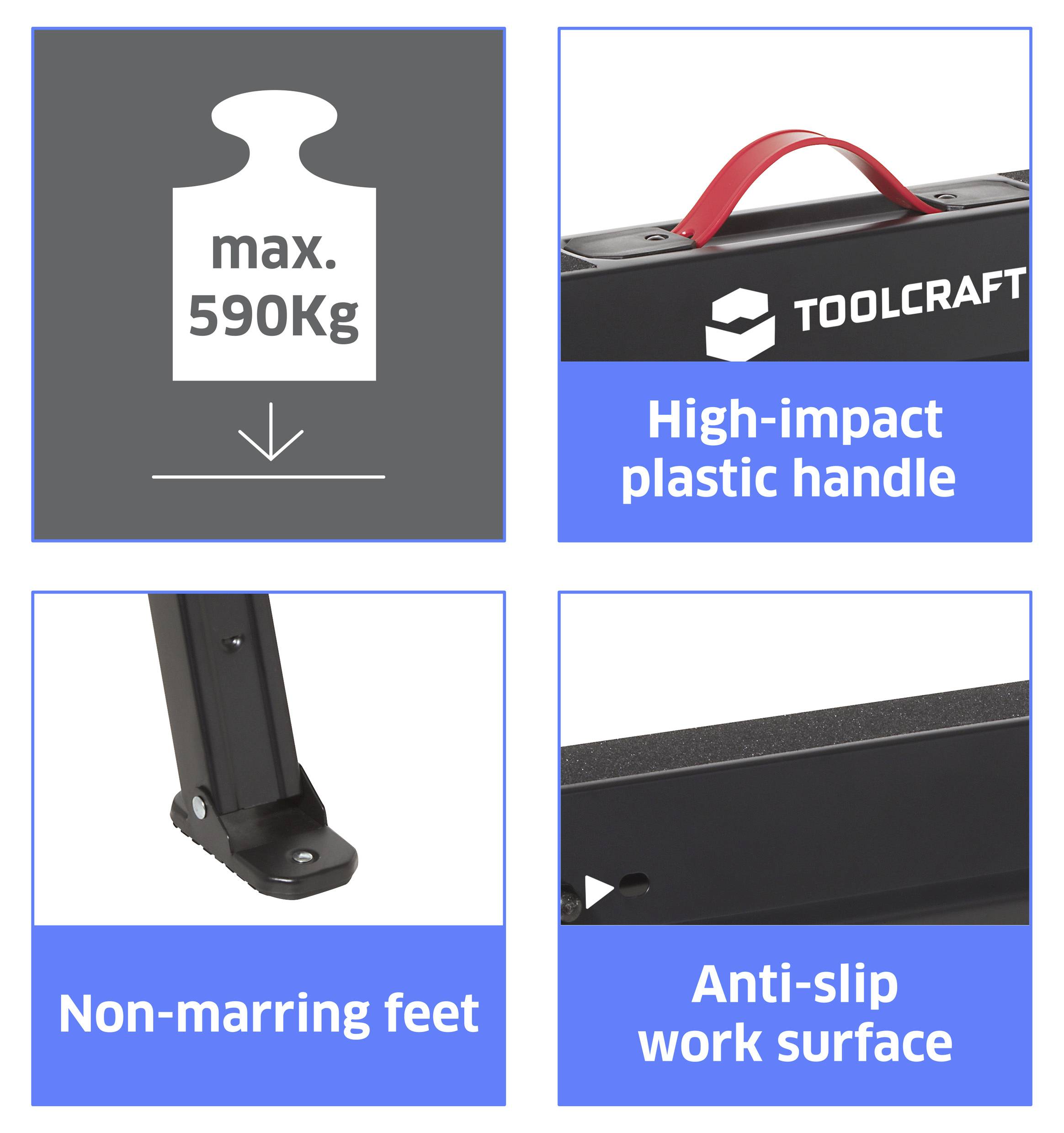 Die Arbeitsfläche von 'TOOLCRAFT' verfügt über einen stoßfesten Kunststoffgriff, eine rutschfeste Oberfläche, nicht abfärbende Füße und unterstützt eine maximale Belastung von 590 kg.