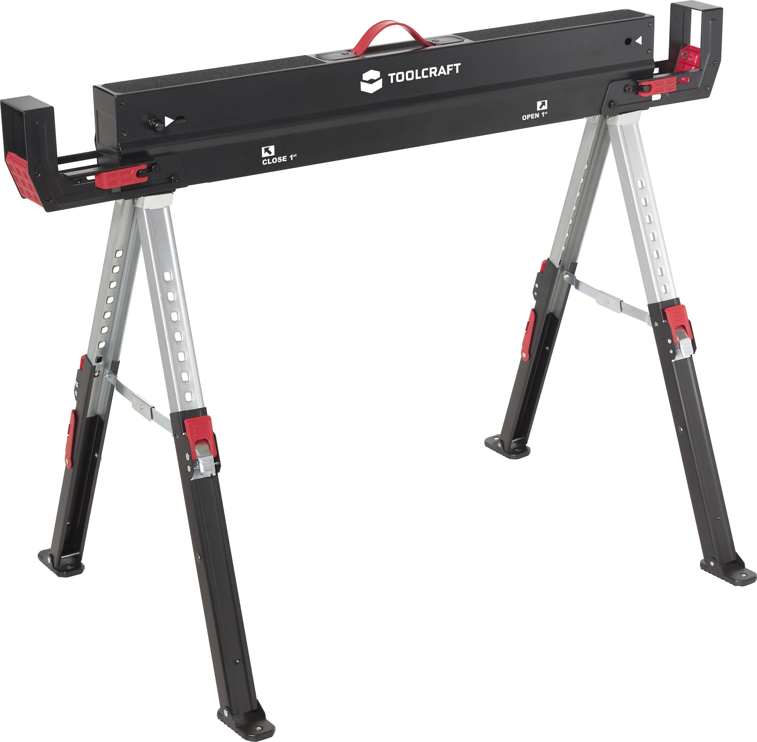 Sägeböcke der Marke 'Toolcraft' mit Metallbeinen, einstellbarer Höhe, Öffnungs- und Schließpositionen sowie einem Tragegriff an der Oberseite.