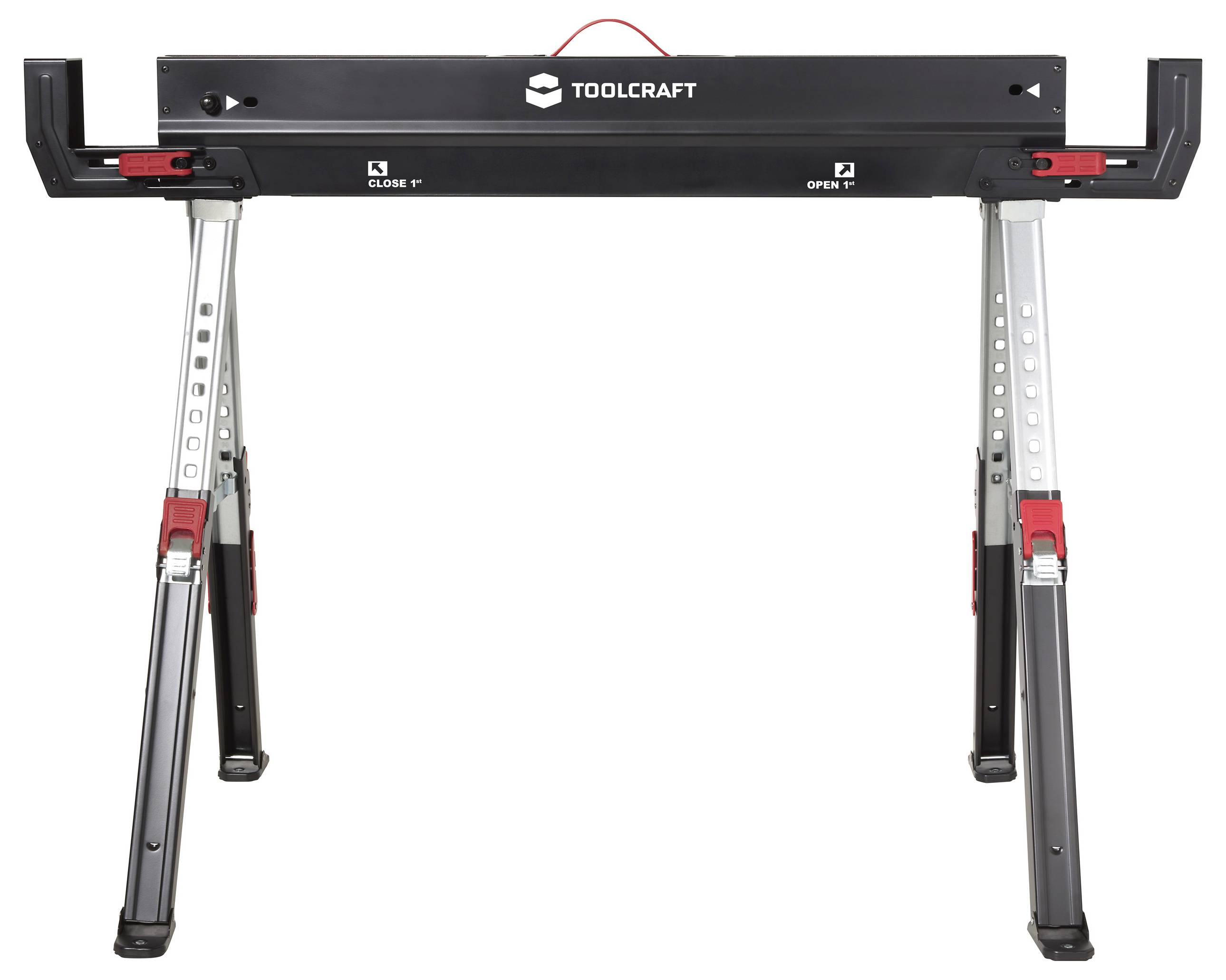 TOOLCRAFT Schwarze Werkbank mit verstellbaren Metallbeinen, entwickelt für stabile Unterstützung bei Bau- oder Heimwerker-Projekten.