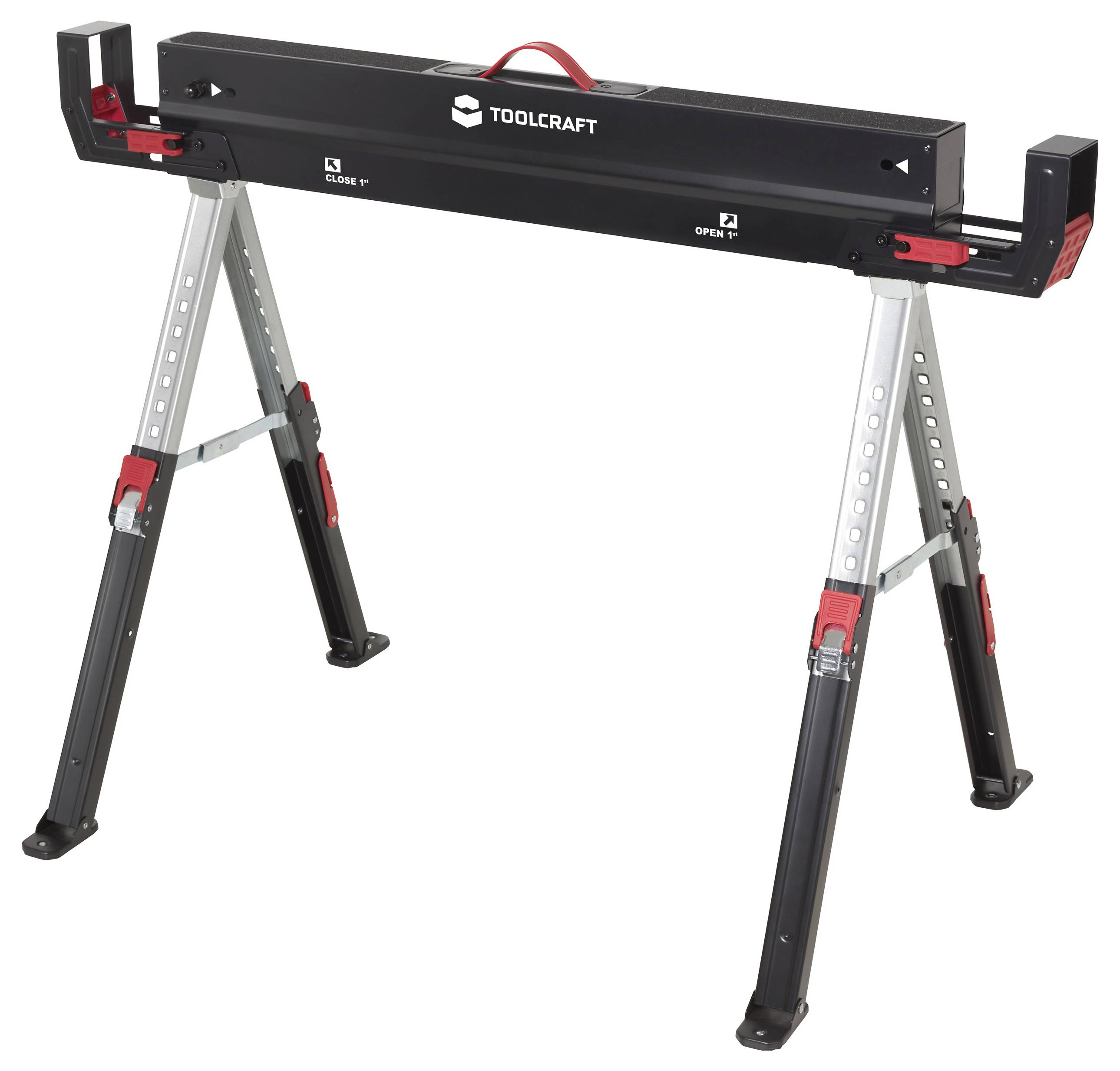 Ein schwarzer, verstellbarer Sägebock mit ausziehbaren Beinen und roten Arretierungsmechanismen, gekennzeichnet mit der Marke 'Toolcraft'.