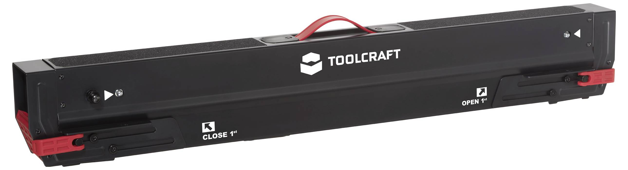 Eine schwarze TOOLCRAFT Teleskop-Dokumentenröhre mit rotem Griff, verstellbarer Länge und mit roten Beschriftungen 