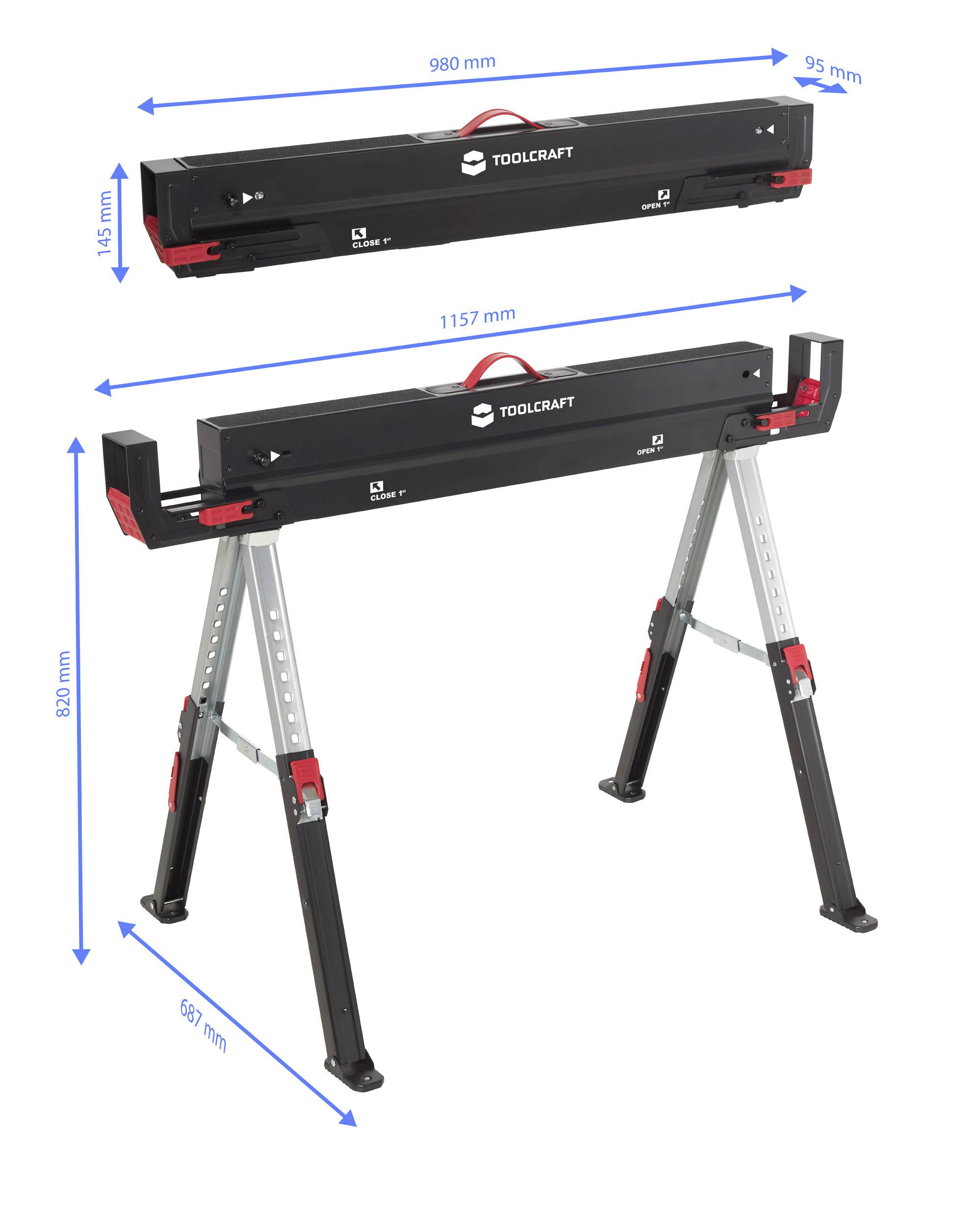 'TOOLCRAFT' verstellbarer Metallsägebock, mit Abmessungen: 980mm breit, 115mm hoch, 95mm tief. Aufbauhöhe beträgt 820mm und die Breite 687mm.