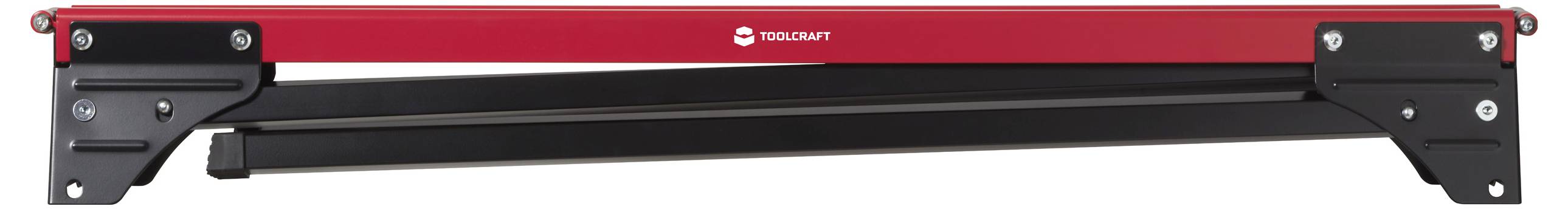 Eine rote Whirlwind-Absperranlage für eine mobile Bühne, die in zusammengeklappter Position gezeigt wird und schwarze Stützhalterungen sowie einen robusten Metallrahmen aufweist.