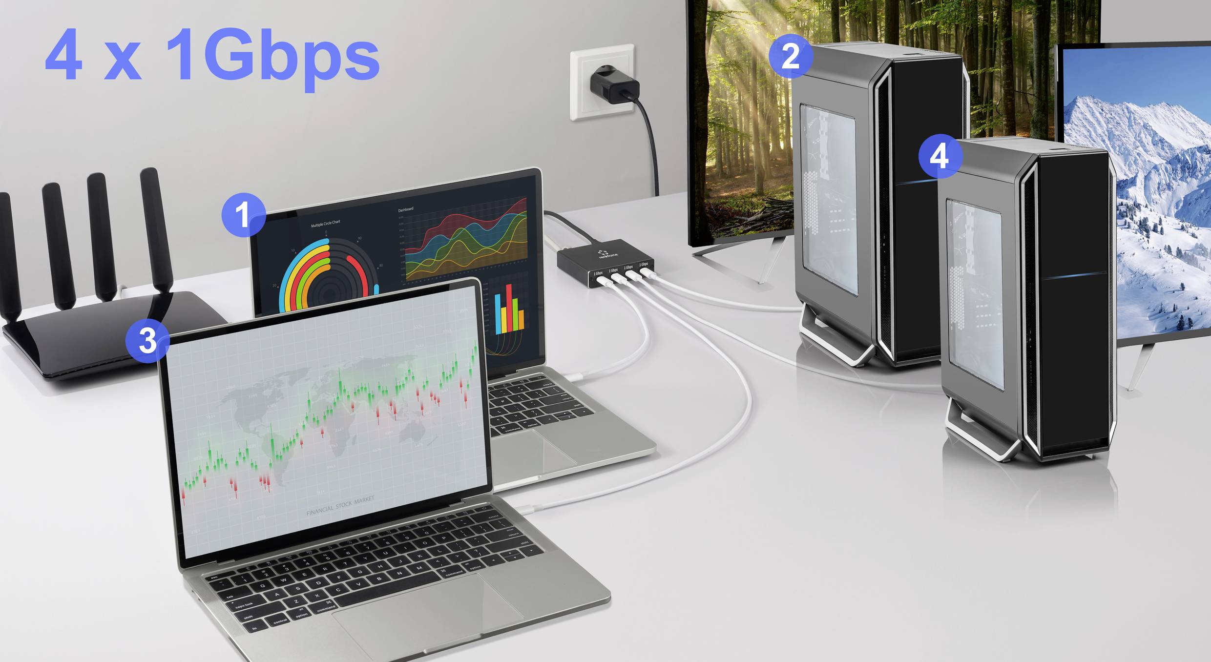 Eine technische Einrichtung mit einem Laptop, der ein Diagramm zeigt, zwei Computertürmen, einem Router und einem Netzwerk-Switch, die über Kabel verbunden sind und eine Geschwindigkeit von '4 x 1 Gbps' hervorheben.