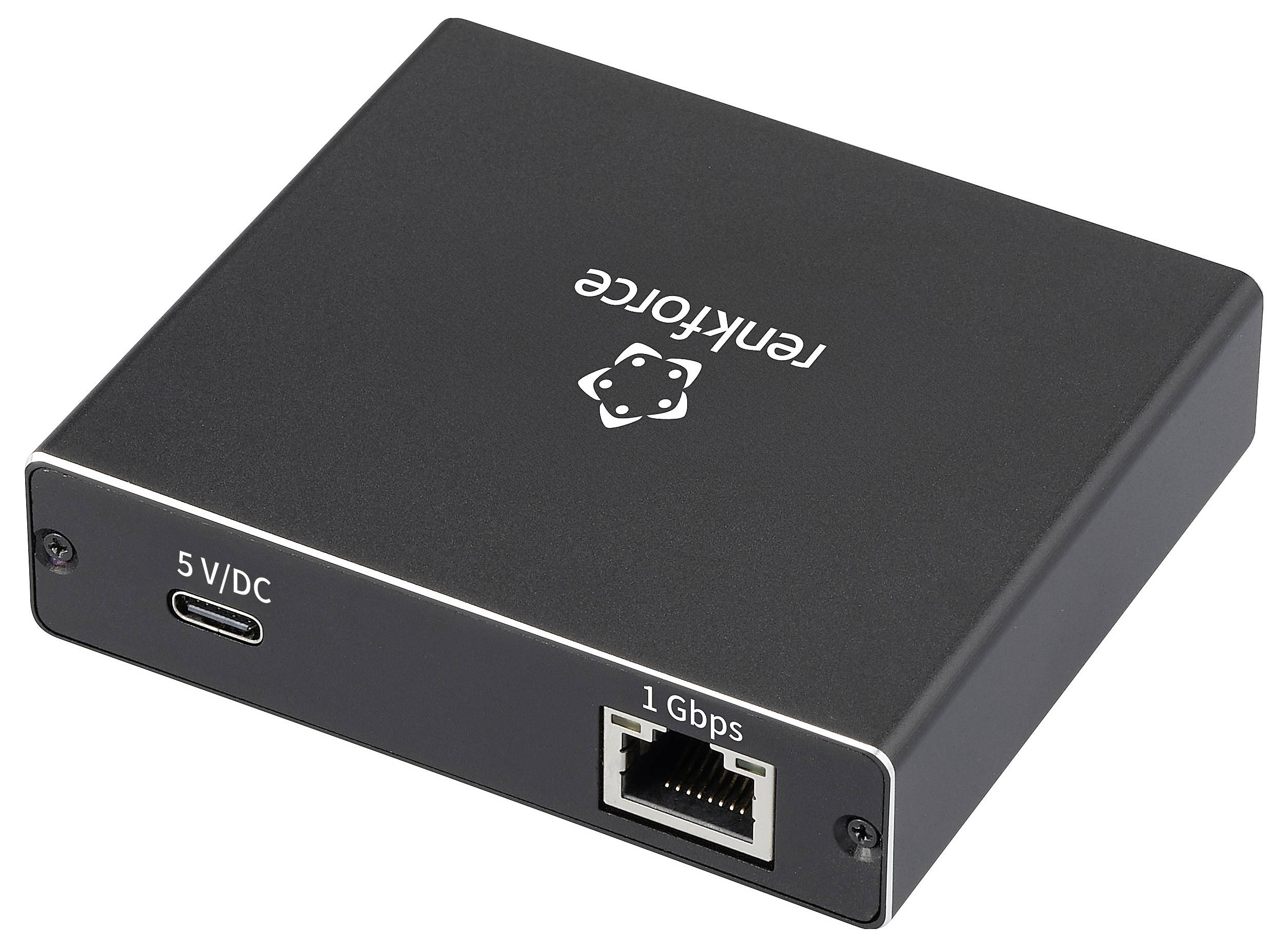 Kompaktes Netzwerkgerät mit '1 Gbps' Ethernet-Anschluss und '5 V/DC' USB-C-Stromeingang, auf der Oberseite mit 'reMarkable' beschriftet.